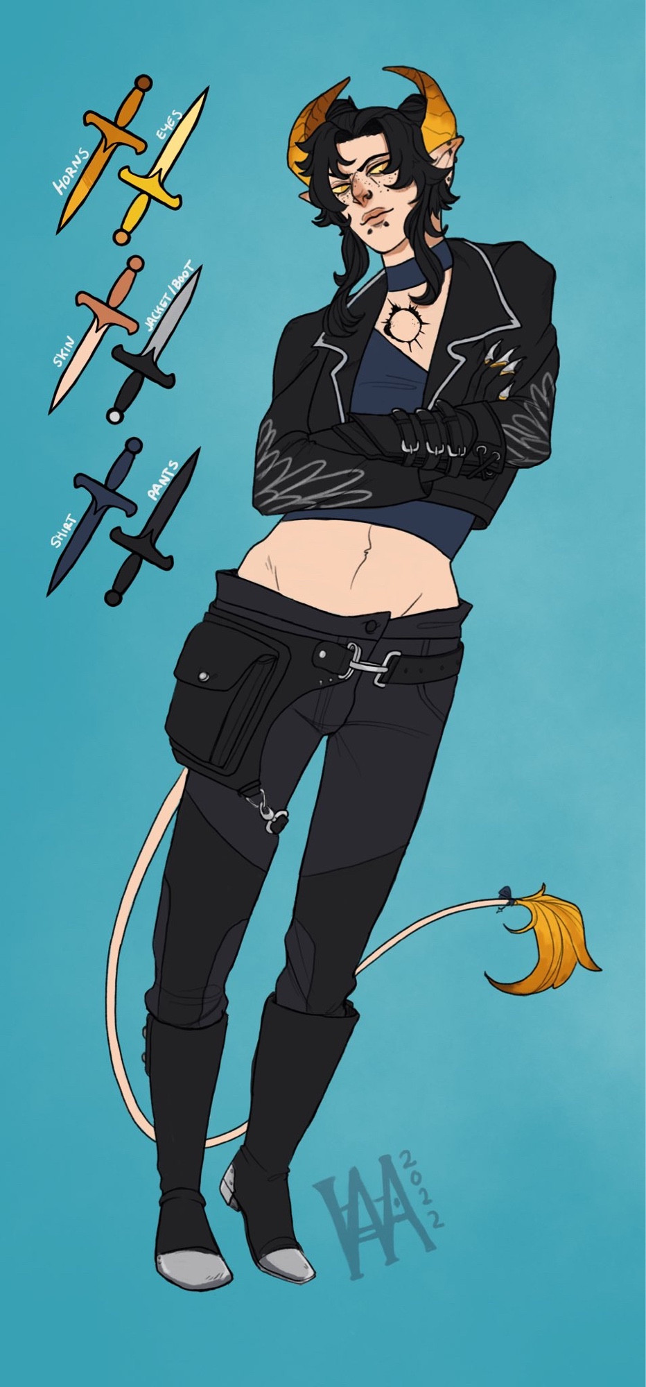 Fullbody image of a female tiefling character with pale white skin, black hair in two buns with bangs, gradient gold-orangish horns that curve upwards behind pointed and pierced ears. She has gold eyes, freckles, snake bites and a nose ring. Her tail is thin, the same color as her skin, and ends in a tuft of fur the color of her horns. She is in a leather jacket with silver wings embroidered on the sleeves over a crop top that shoes off the eclipse tattoo on her sternum.