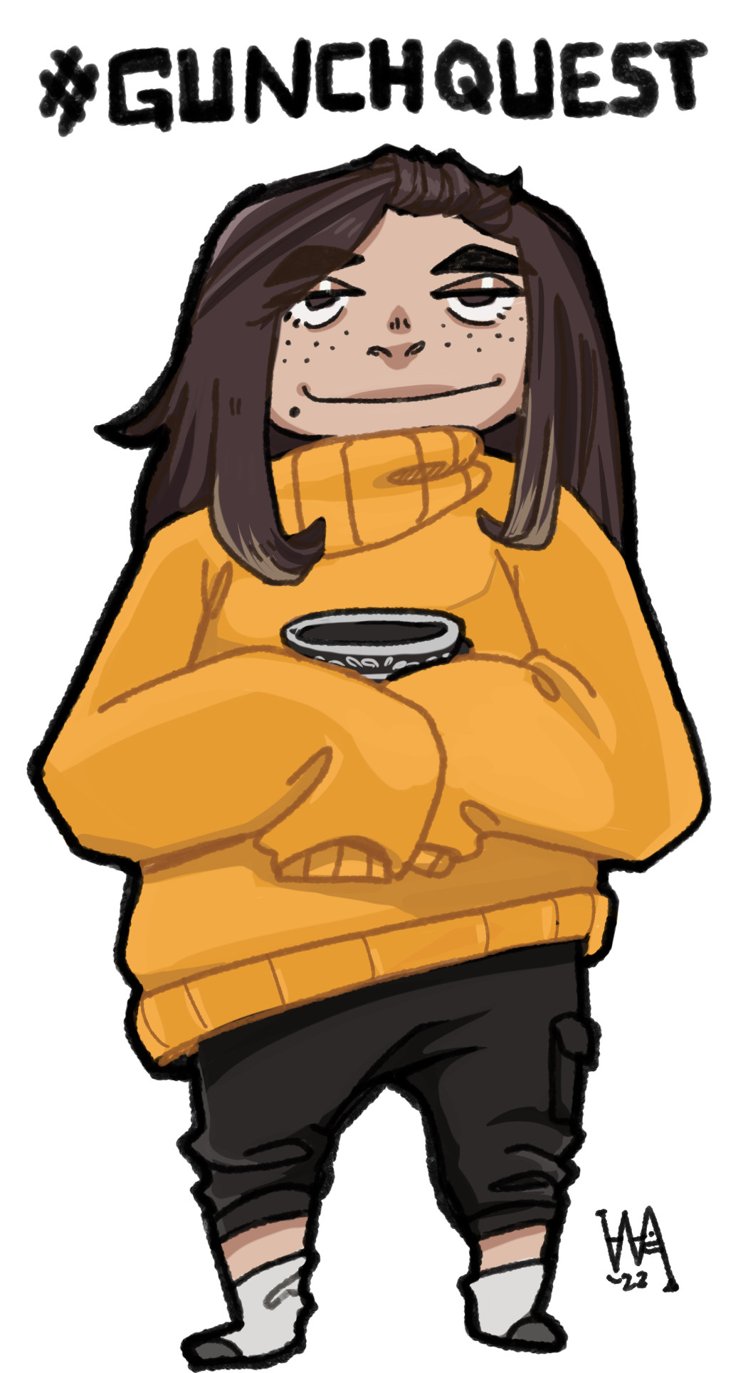 Chibi self portrait in big gold sweater holding tea