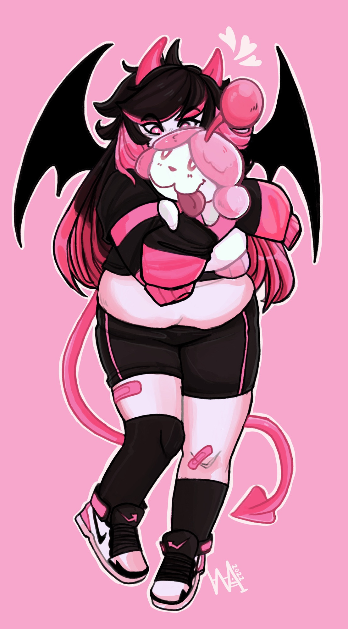 A plus sized imp woman with pink horns, tail and black/pink hair has literal heart eyes as she hugs the Pokémon Slurpuff to her chest. 