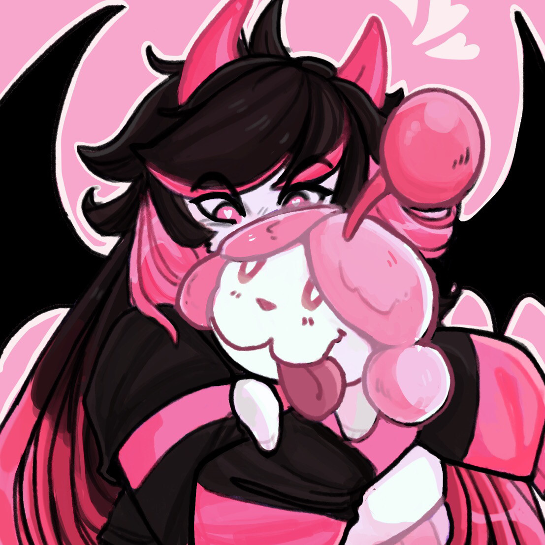 Close up of a plus sized imp woman with pink horns, tail and black/pink hair has literal heart eyes as she hugs the Pokémon Slurpuff to her chest. 