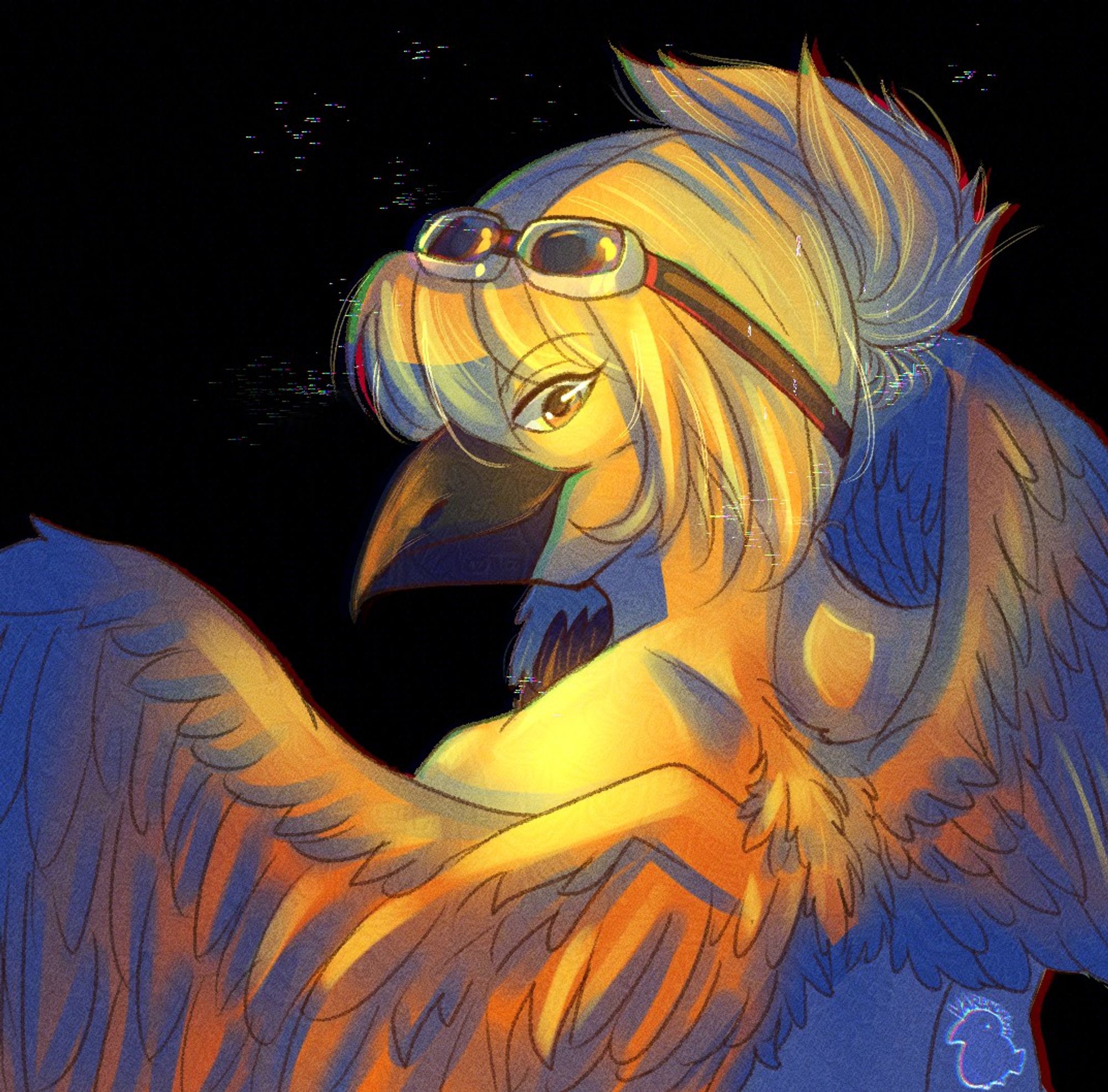 birdosona portrait with dramatic yellow lighting and blue shadows