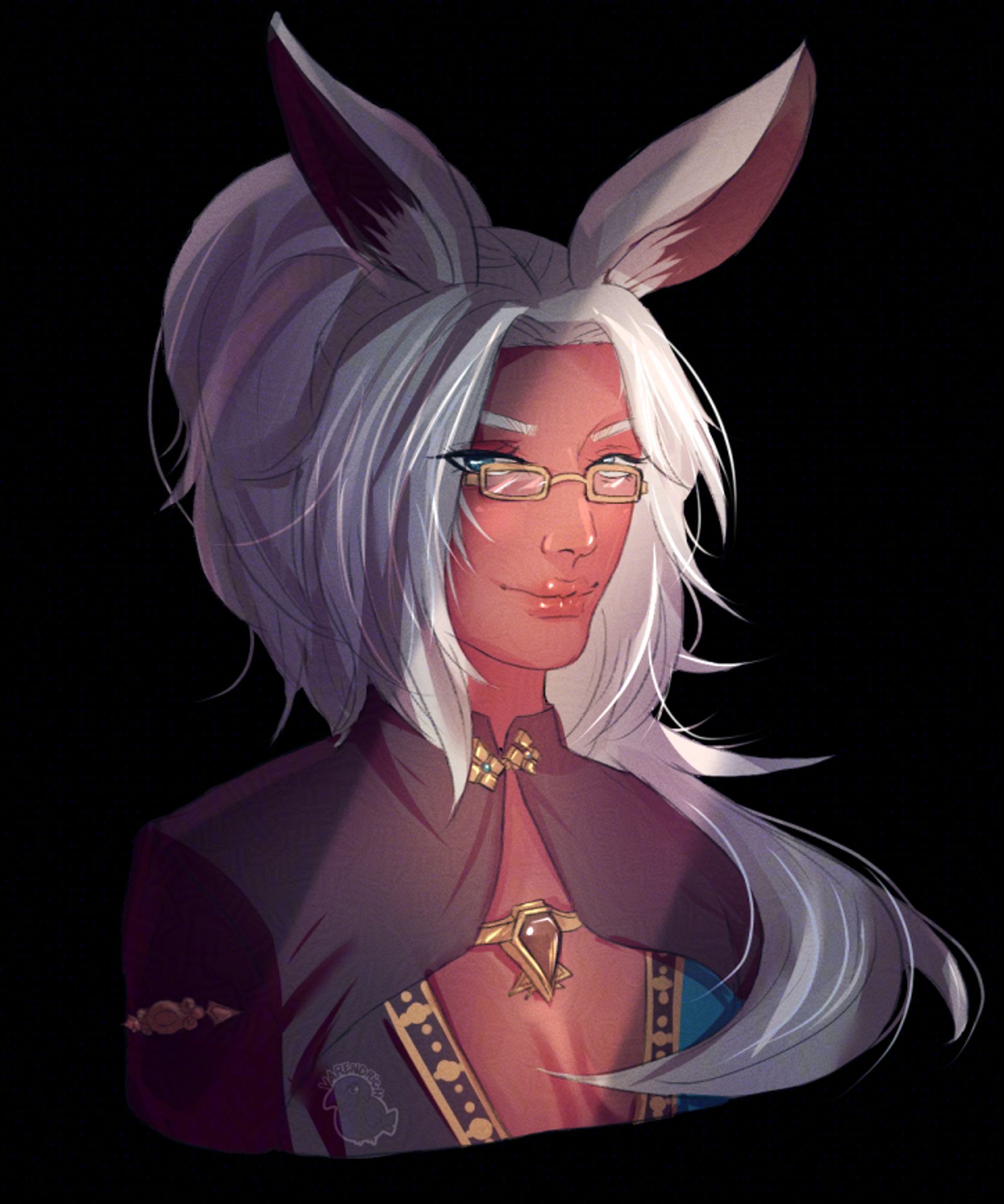 An anime man with bunnyears white hair and dark skin.