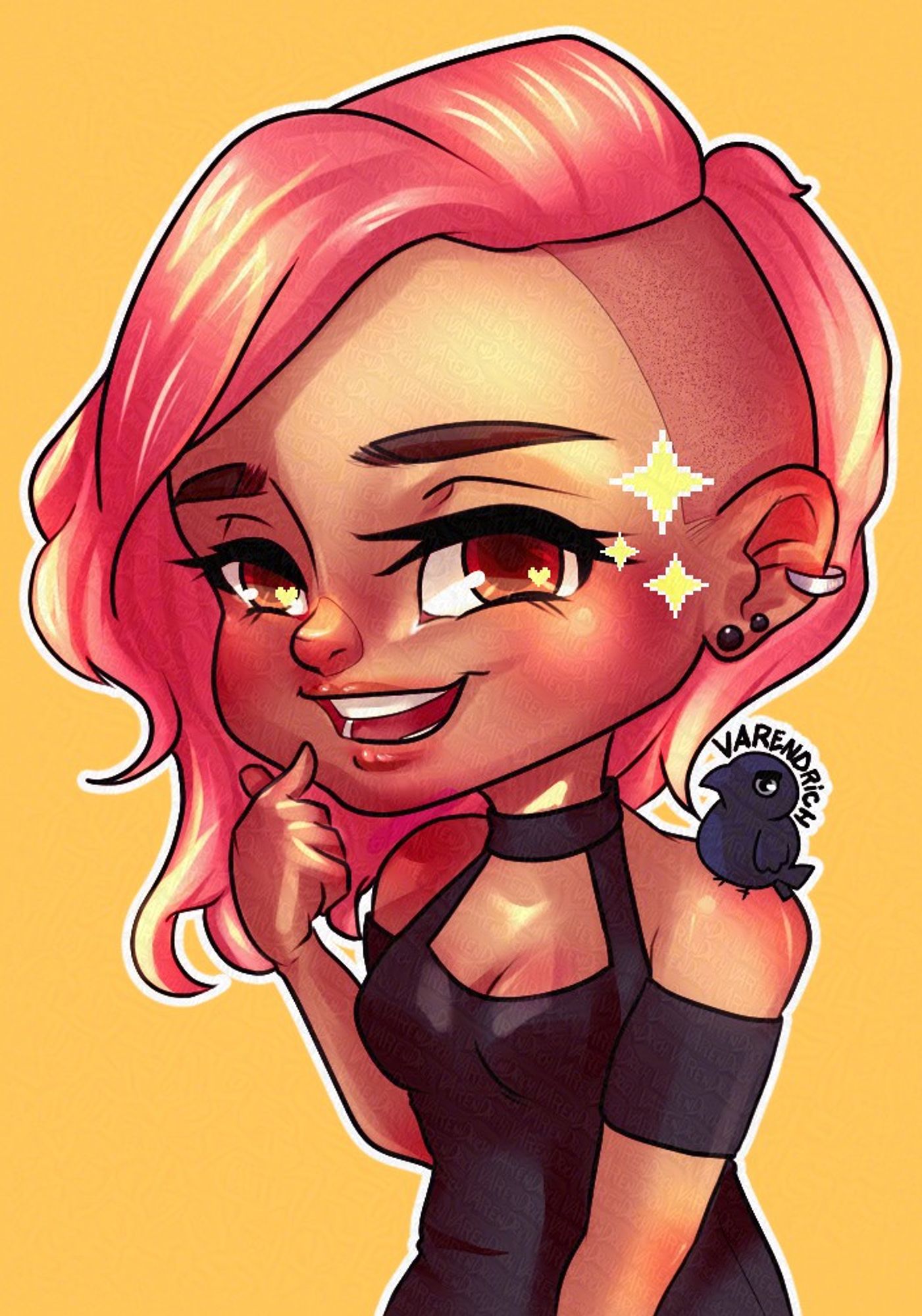 semi-chibi portrait of mu artsona with pink, side-shave hair