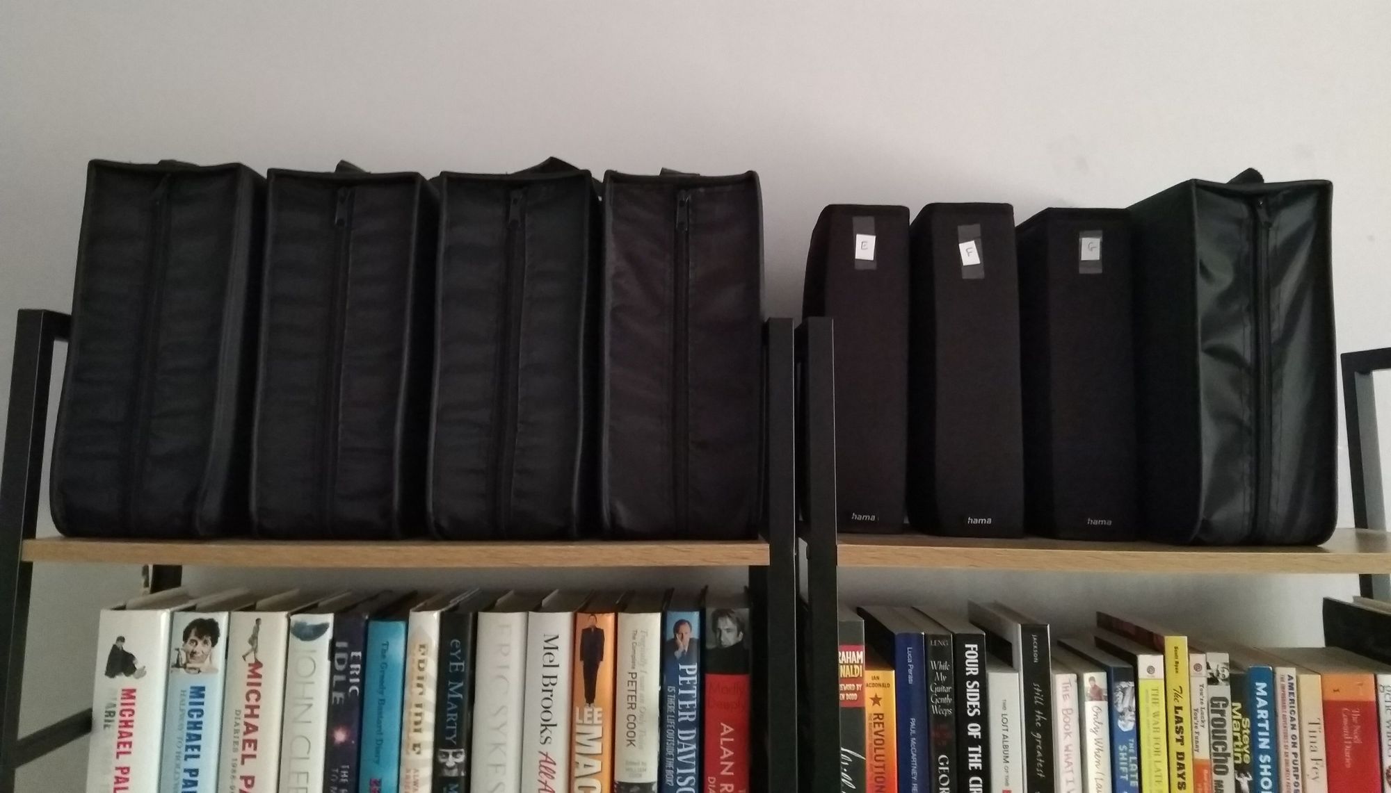 Top of shelf units full of black zip folders.