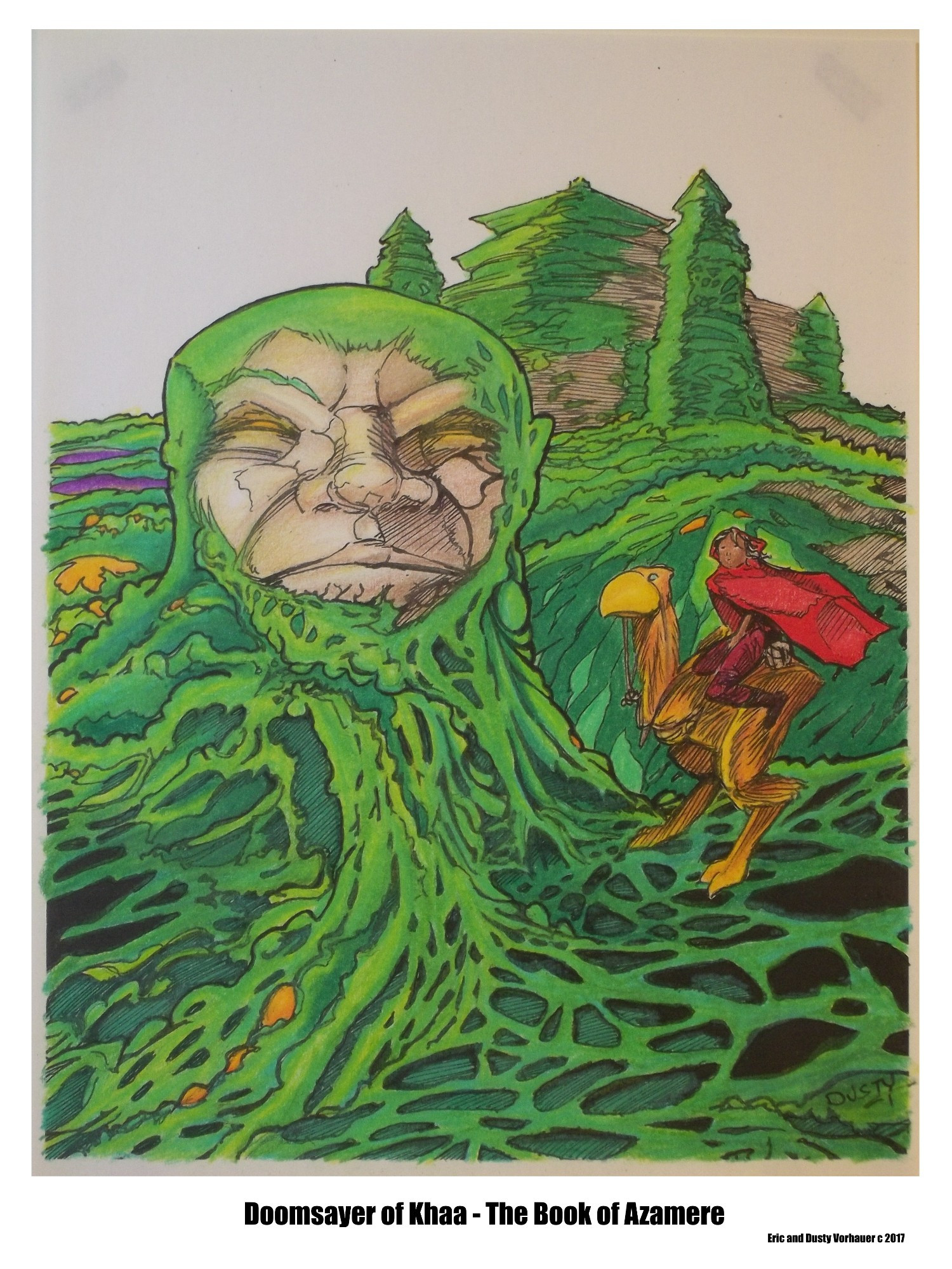 A giant stone head rises from a field of green fungus. A woman with a red cape sits upon a dino bird. A castle in the distance is covered in the same green fungus. Glowing orange crystals can be seen dotting the landscape. The Doomsayer of Khaa from The Book of Azamere.