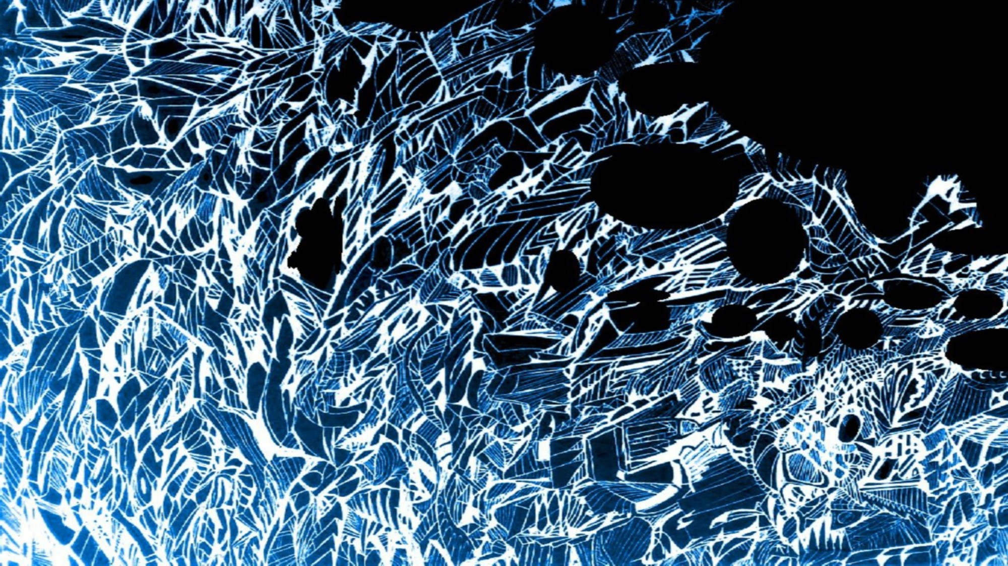 An abstract image. Energetic blue and white erupts from the bottom left,  dissipating into black at the top right.