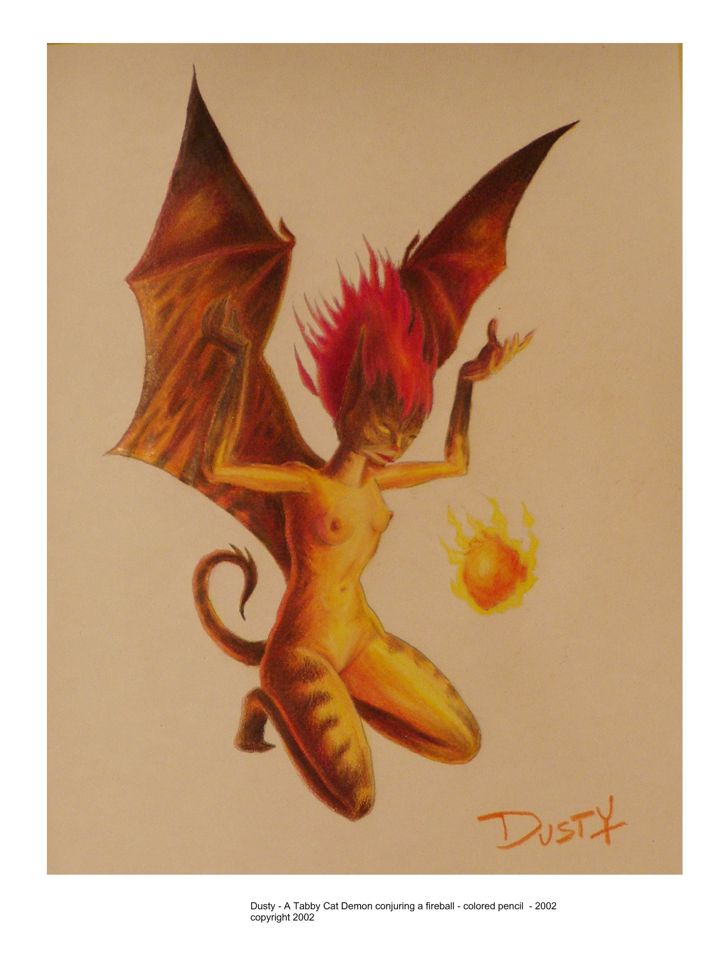 An anthro cat demon raising her arms and wings while an orange fireball burns before her.