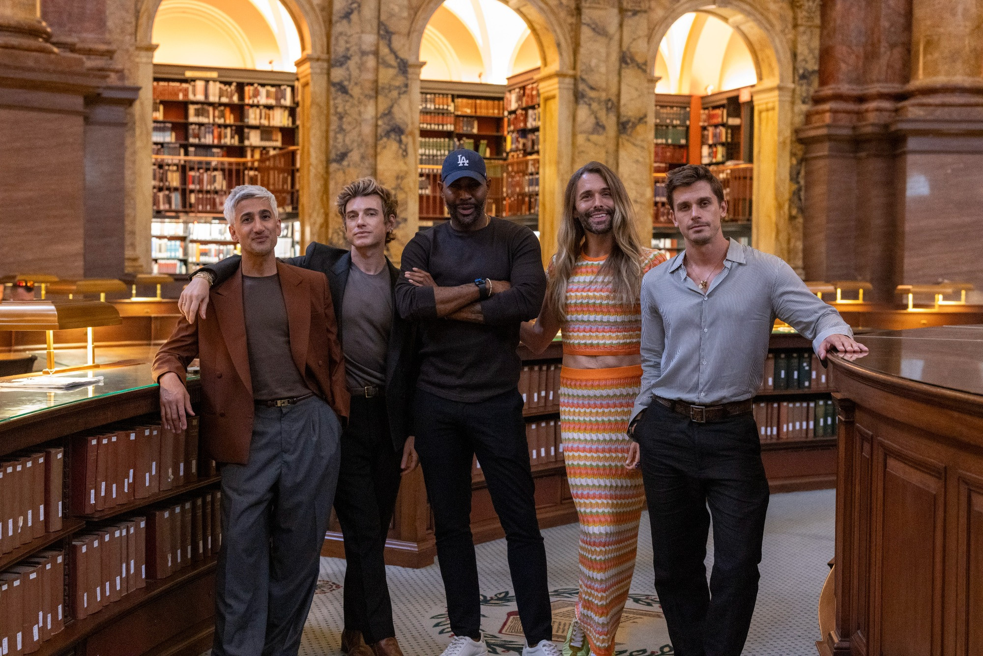 Left to right, Tan, Jeremiah, Karamo, Jonathan and Antoni of the hit show "Queer Eye" pose in the Main Reading Room of the Library of Congress' Jefferson Building.