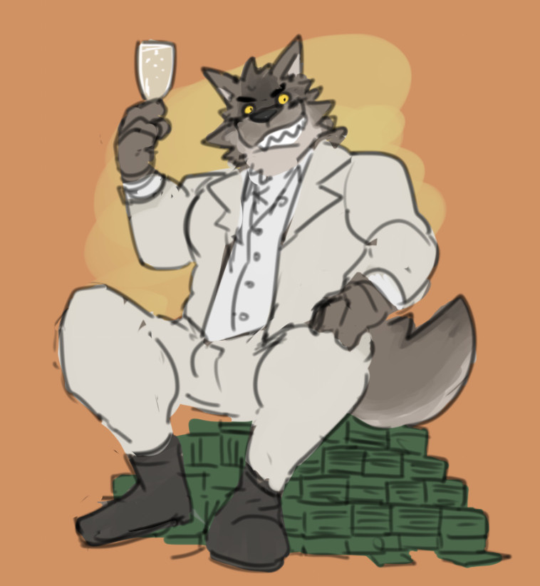 Mr. Wolf from "The Bad Guy" sitting on a pile of money notes and raising a glass of alcohol