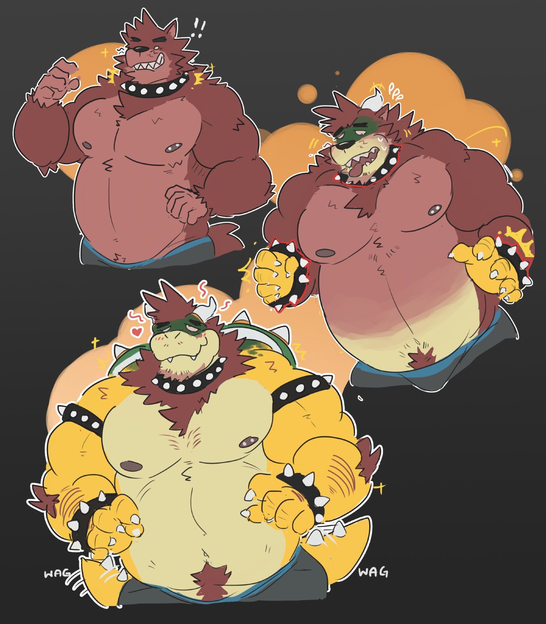 sequnces of werewolf Brent who got a magical collar equipped and turning him into Bowser