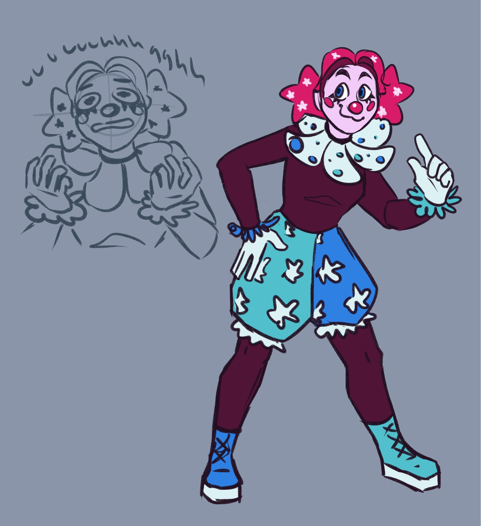 A fullbody of Al and Holly’s daughter Hollace, who is also a clown. There is a small bust sketch to the left of her, of Hollace in anguish.