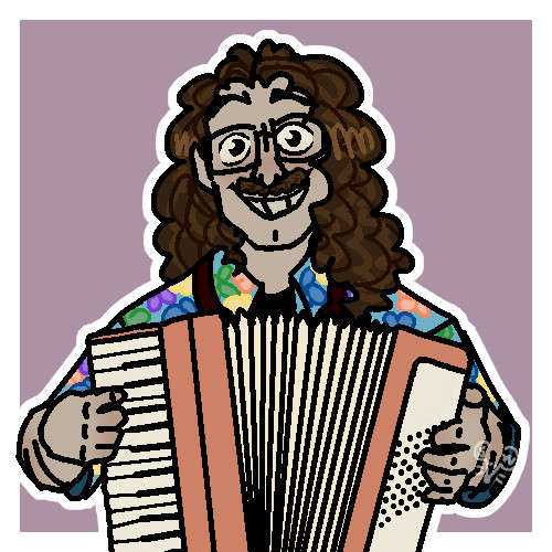 A slightly pixely half body drawing of young Weird Al facing the viewer with a big grin on his face playing a peach-colored accordion.