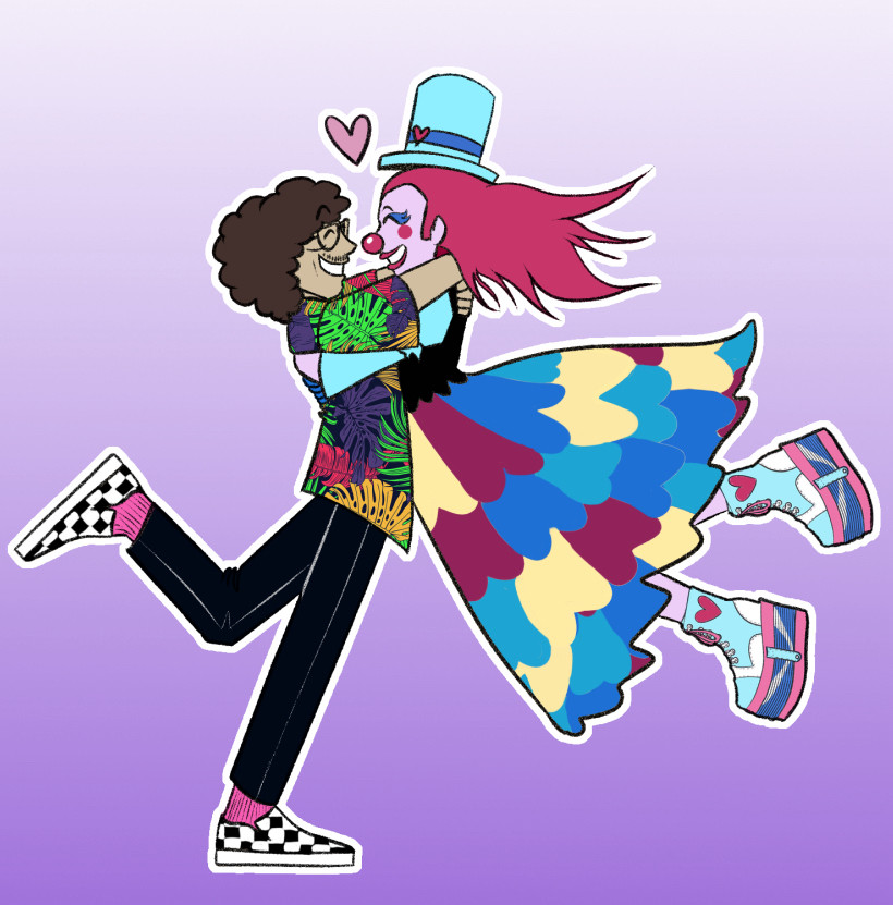 A fullbody piece of a fictionalized version of pre LASIK weird Al and his clown wife Holly. He was used in a ttrpg game. They are hugging and he is spinning her around so that she is lifted in the air