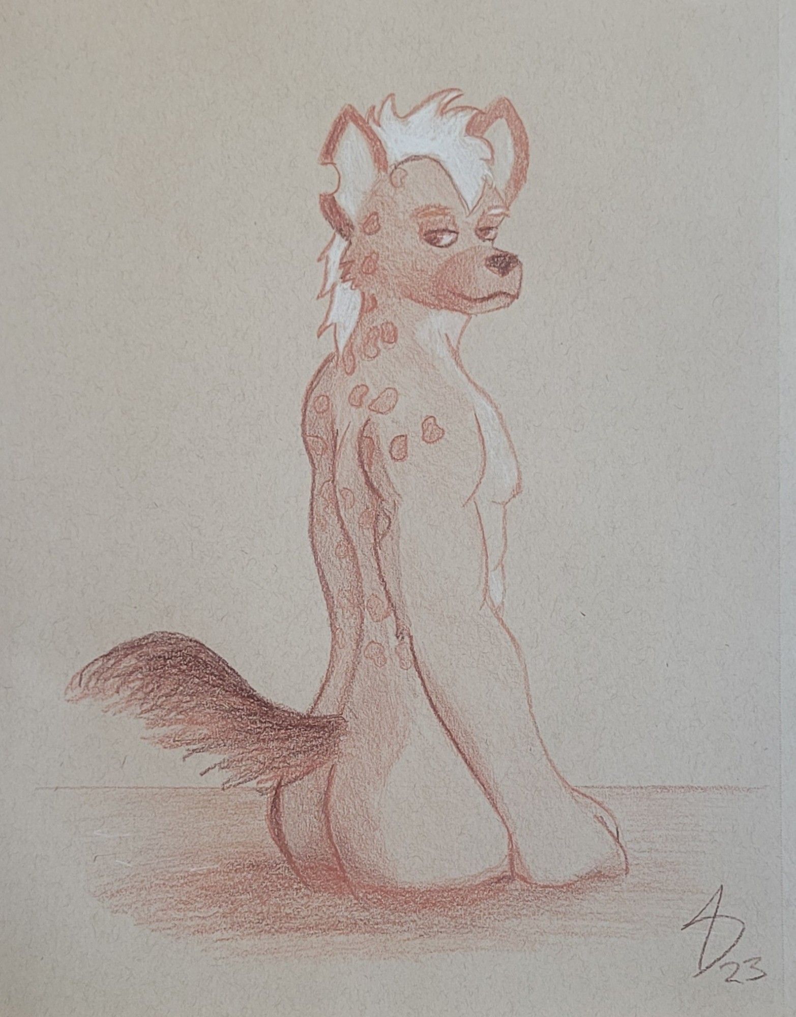 A naked anthropomorphic hyena looking over his shoulder from a still body of water, drawn using traditional methods