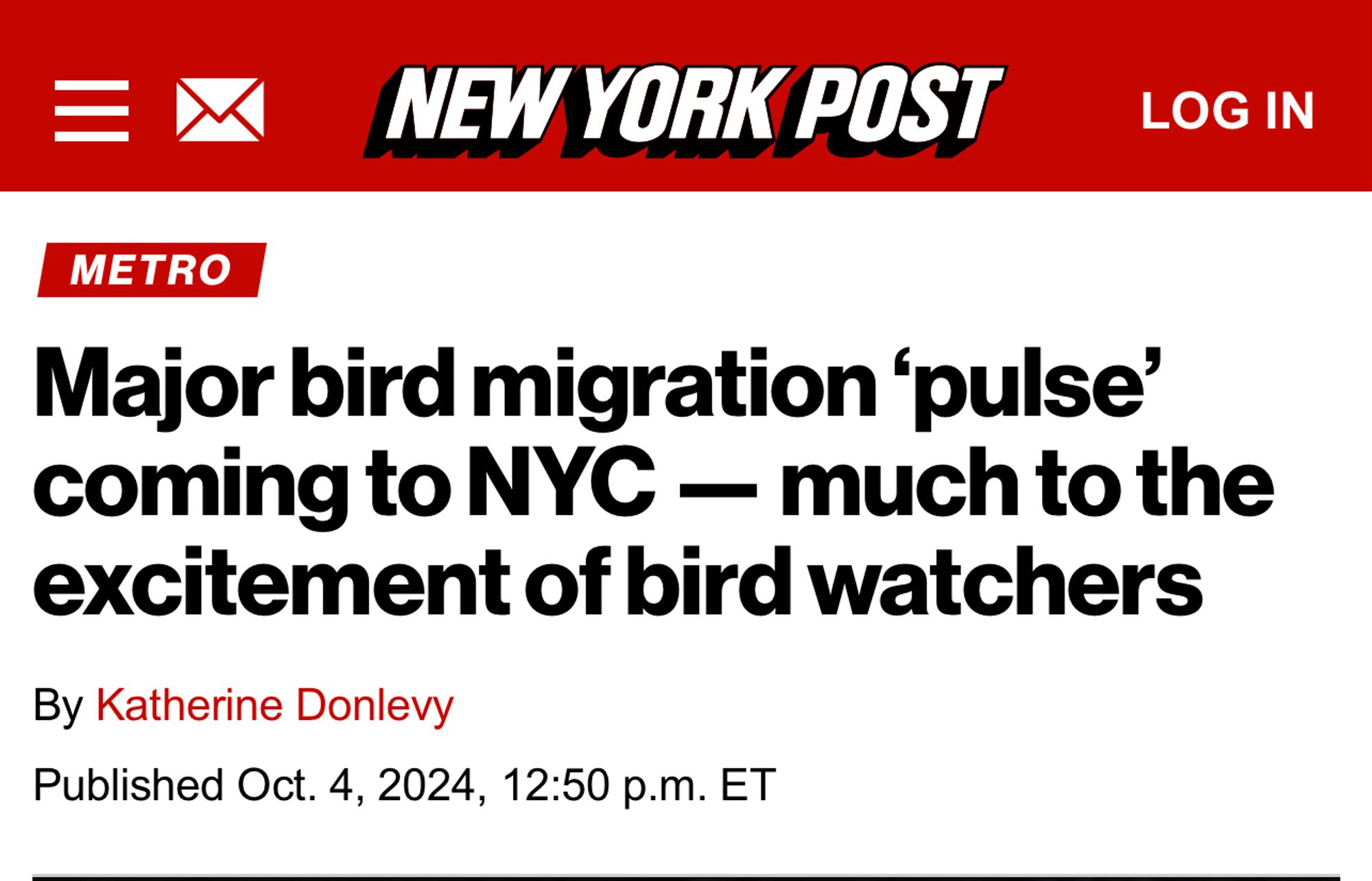 Headline: “Major bird migration 'pulse' coming to NYC - much to the excitement of bird watchers”