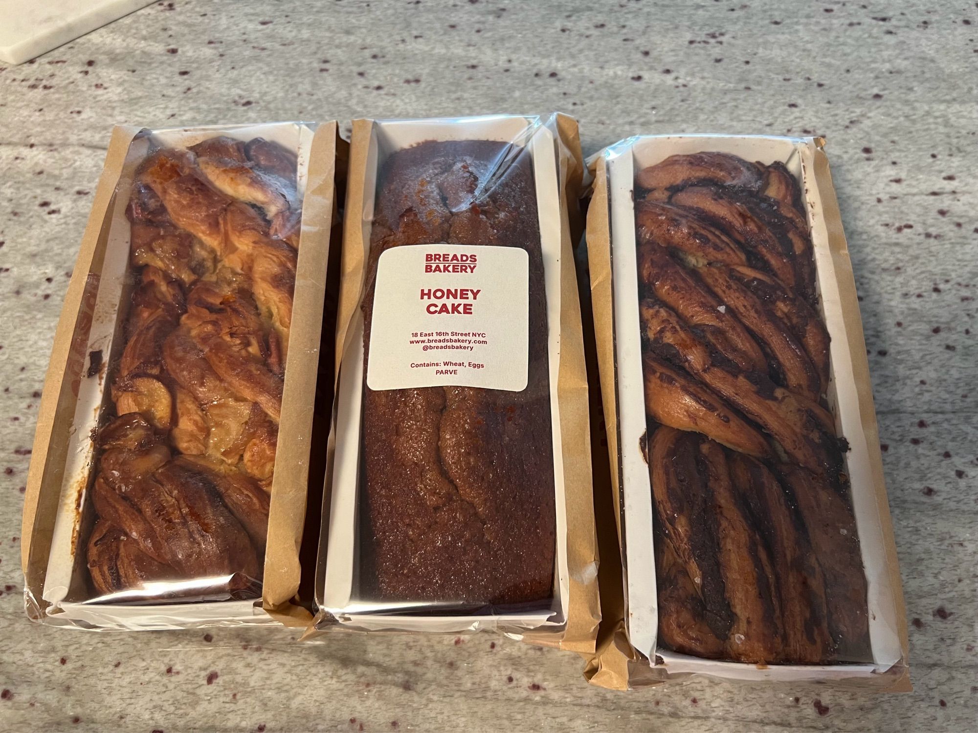 Apple babka, honey cake, chocolate babka