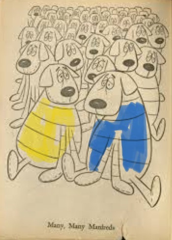A page from a 1965 Tom Terrific coloring book titled Many, Many Manfreds. There are about 35 Manfreds looking kind of weary, as the Mighty Manfred always does. Previously, the evil Crabby Appleton tested his duplicating ray on Manfred, and to his delight, it has worked as we see on this page. Two of the Manfreds, in front, colored in by the author of this post in an abysmal attempt to gain artistic followers.