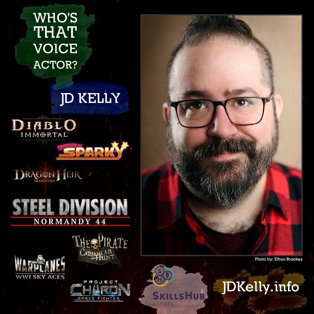 A picture of JD Kelly - Voice actor and some of their roles like Diablo Immortal, as well as a link to their website JDKelly.info