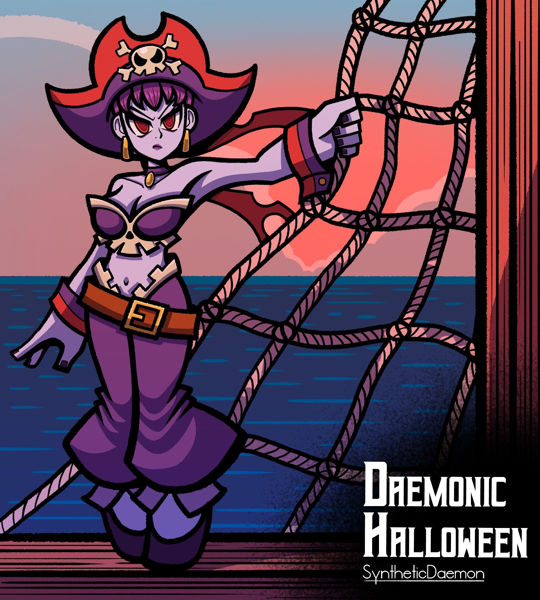 A drawing of Risky Boots from Shantae. Risky is standing on the mast of a pirate ship, holding the rope attached to the sail. Behind her is the setting sun and the ocean.