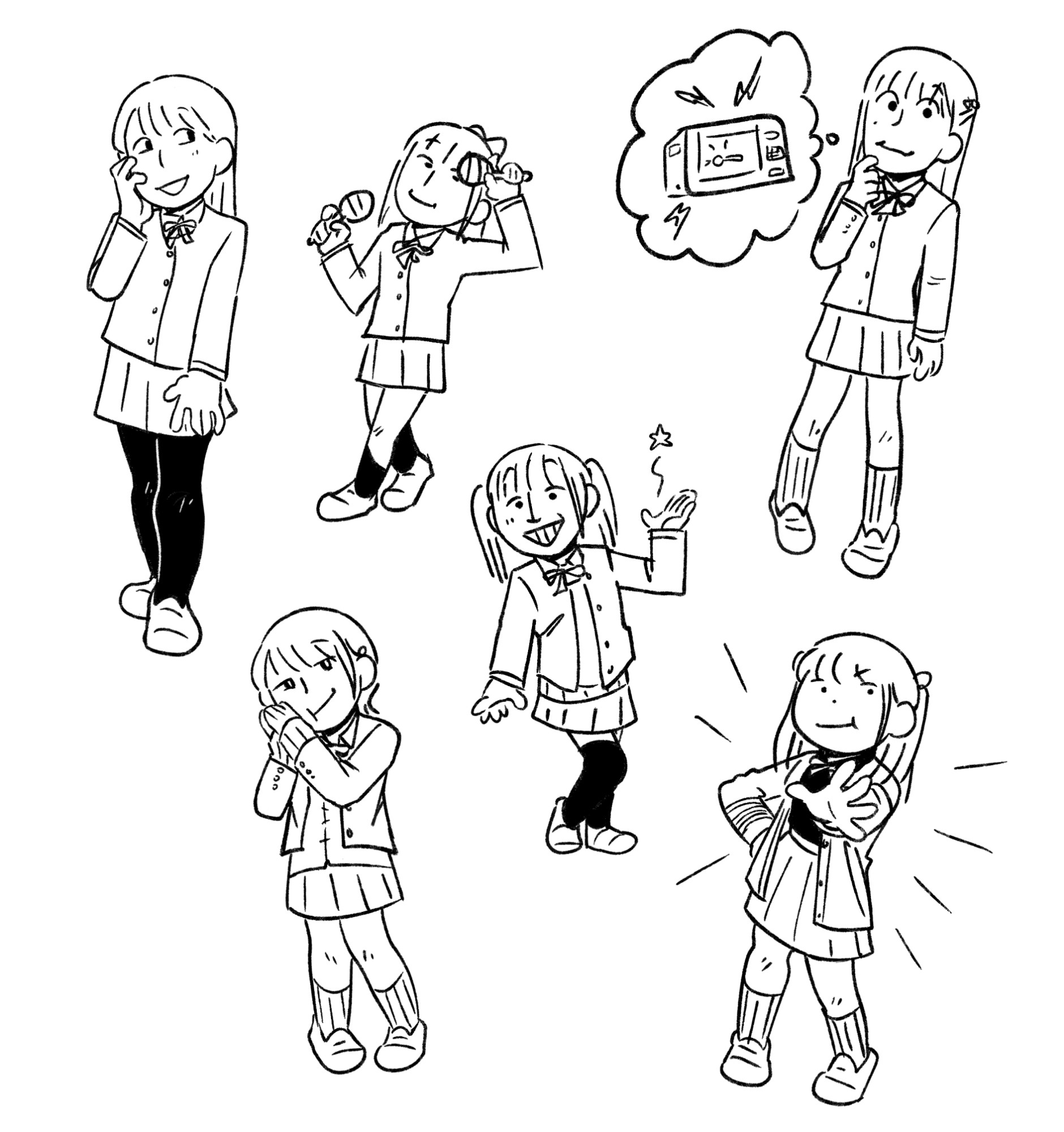 Shitty drawings of miyu kubota, kaori maeda, moeka koizumi, hinaki yano, akari kito, and akina homoto in b/w arranged haphazardly