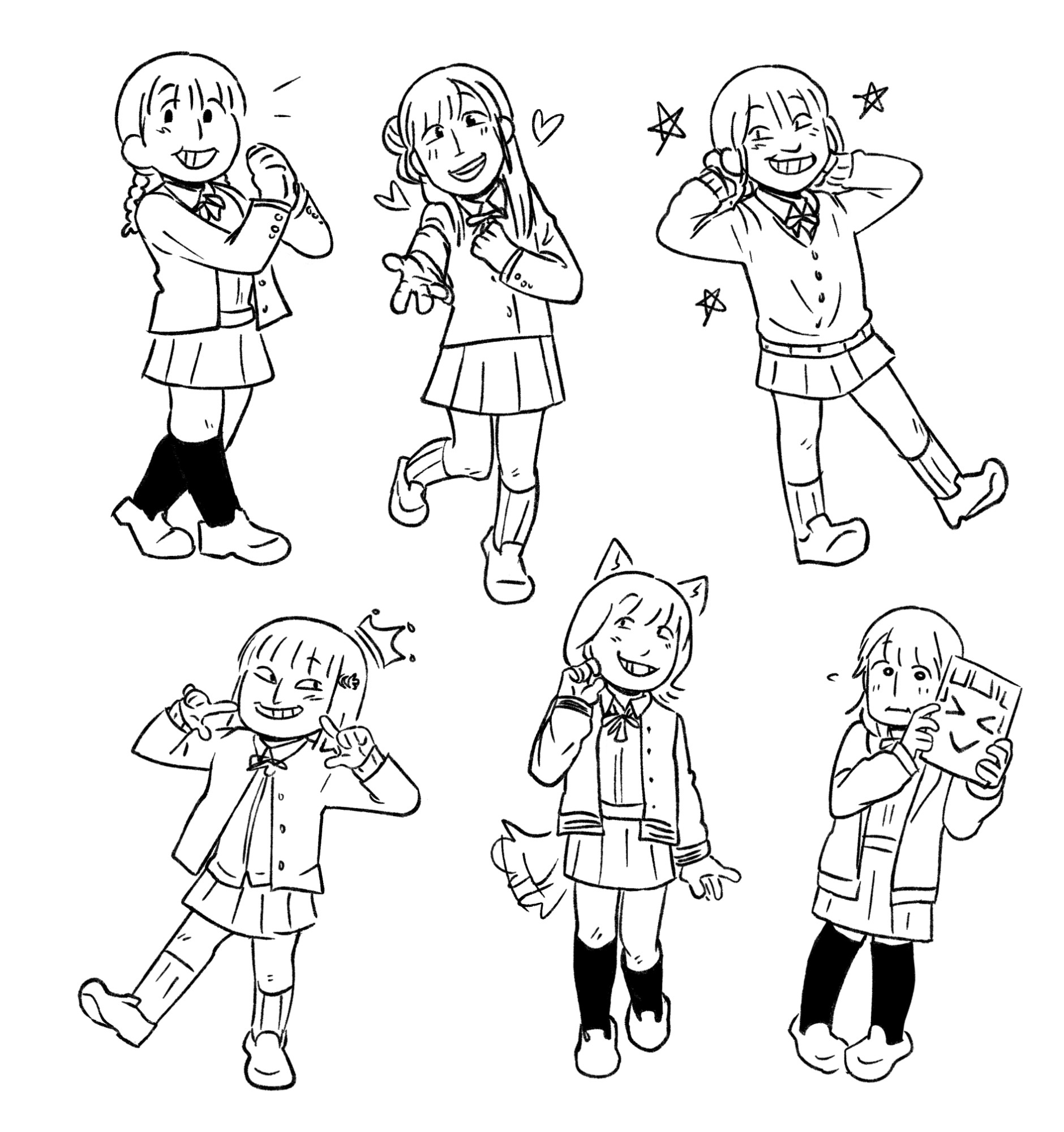 Shitty drawings of maria sashide, aguri onishi, natsumi murakami, mayu sagara, shu uchida, and chiemi tanaka in b/w arranged slightly less haphazardly