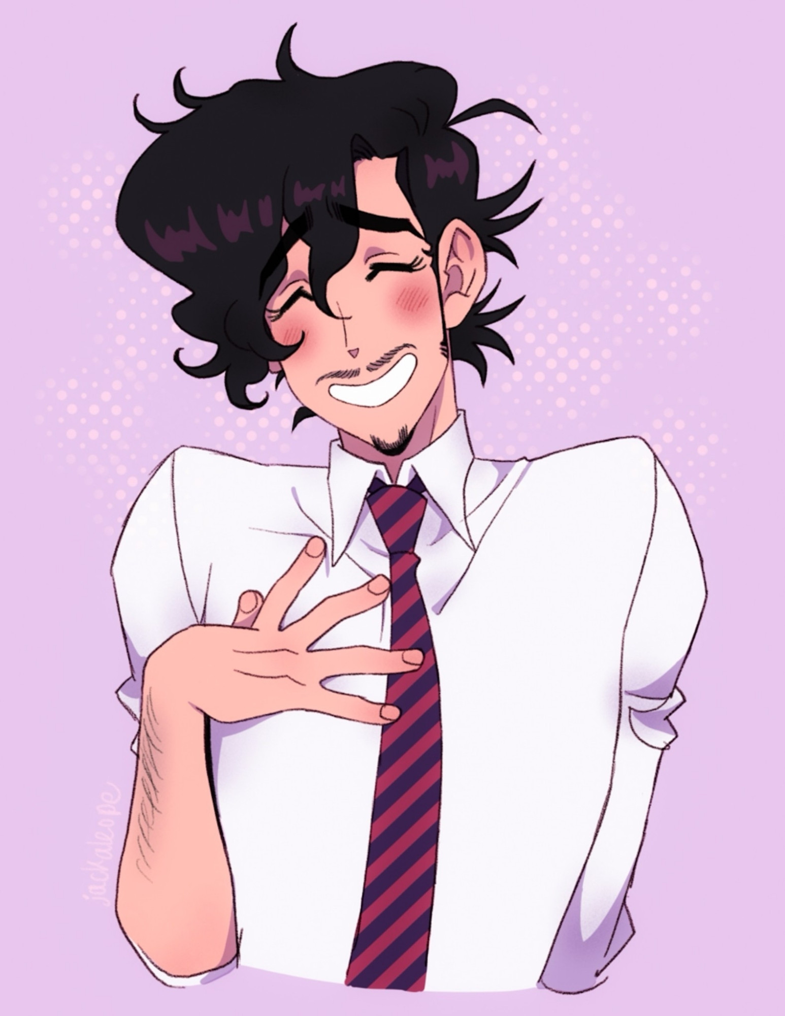 a bust portrait of Hideyuki in color, he's smiling wide with his eyes closed, and has a very sweet but ever so slightly pensive expression. He has his hand resting on his own chest in a slightly feminine manner. He's blushing.

Hideyuki is a 36 year old Japanese man with poofy, messy black hair that ends in curls, but also sticks out the sides messily. He has thick eyebrows, long eyelashes, a thin mustache and small beard on his chin. His sideburns also extend past his ears, which are a bit bigger than average. 

He's wearing his work attire here, which is a white button up shirt with sleeves rolled up, and a tie.