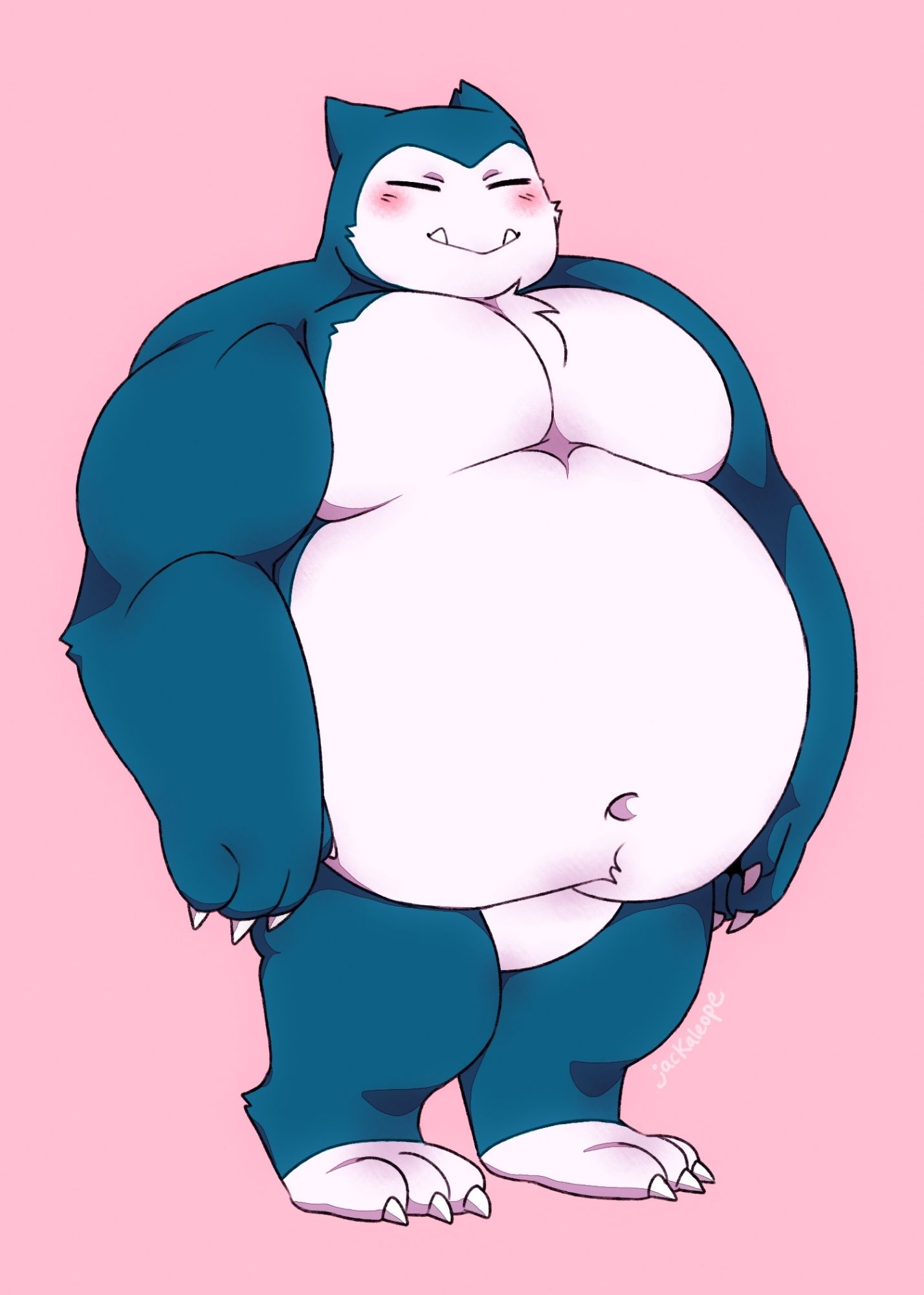 a color illustration of snorlax, in a slightly more realistic furry style with chubby pecs and belly 💞