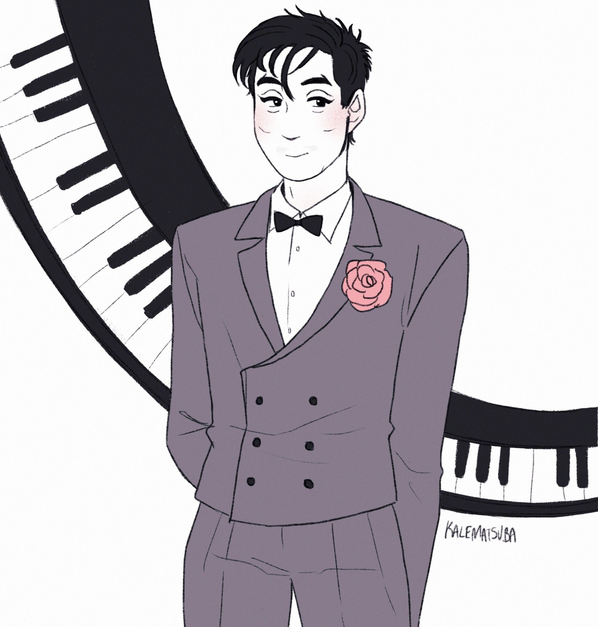 a portrait drawing of a young Haruomi Hosono, wearing his tuxedo outfit from a live TV performance