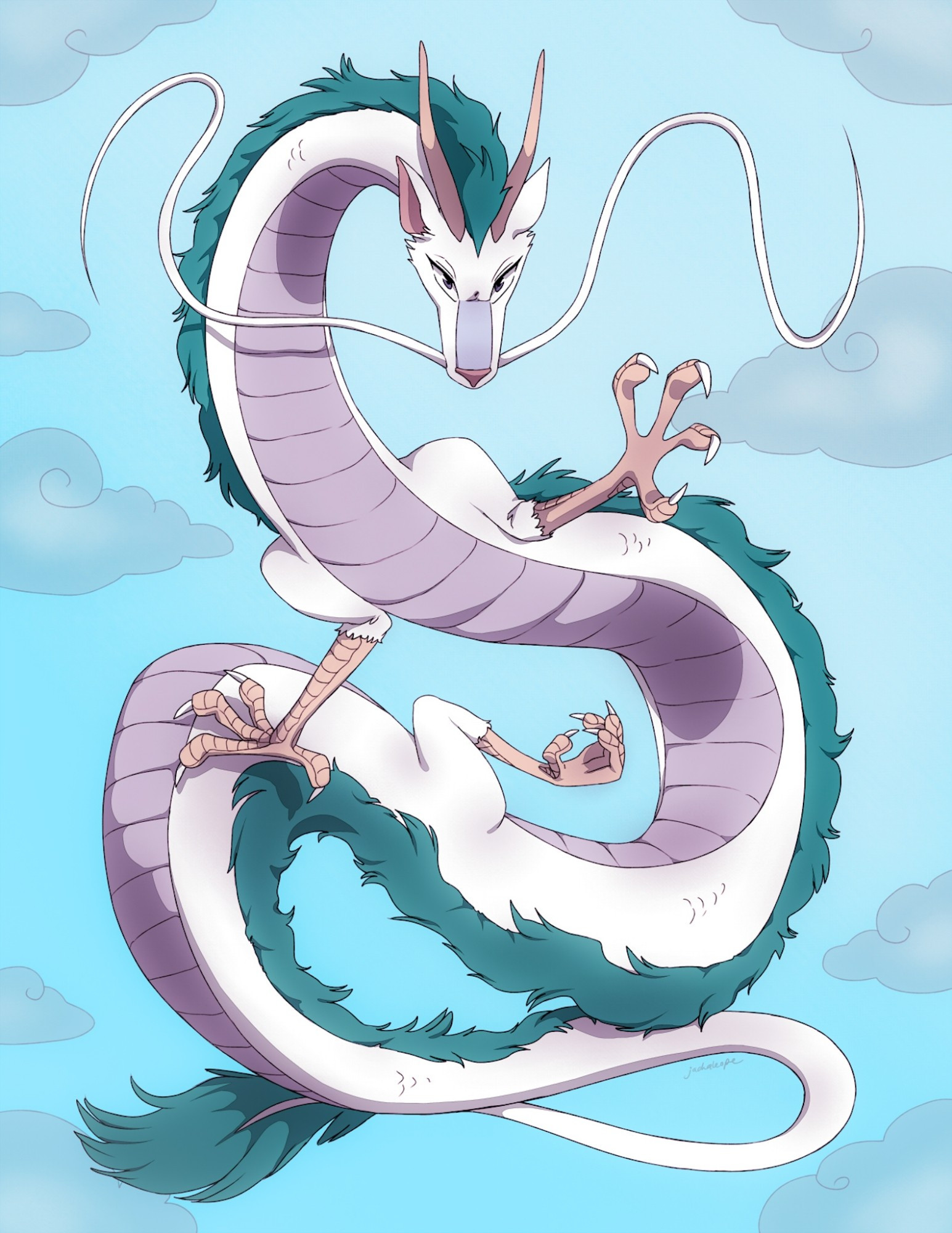 a full color illustration of dragon form Haku from Spirited Away, flying in midair with a sky backdrop.