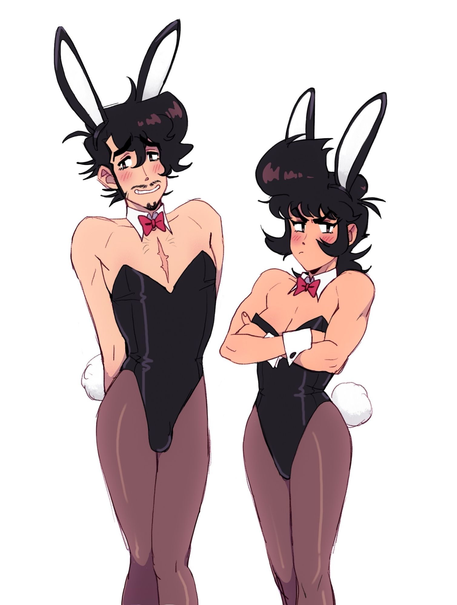 Hiroki and Hideyuki wearing sexy bunny costumes. Hide looks shy, and Hiroki looks grumpy. both he/him