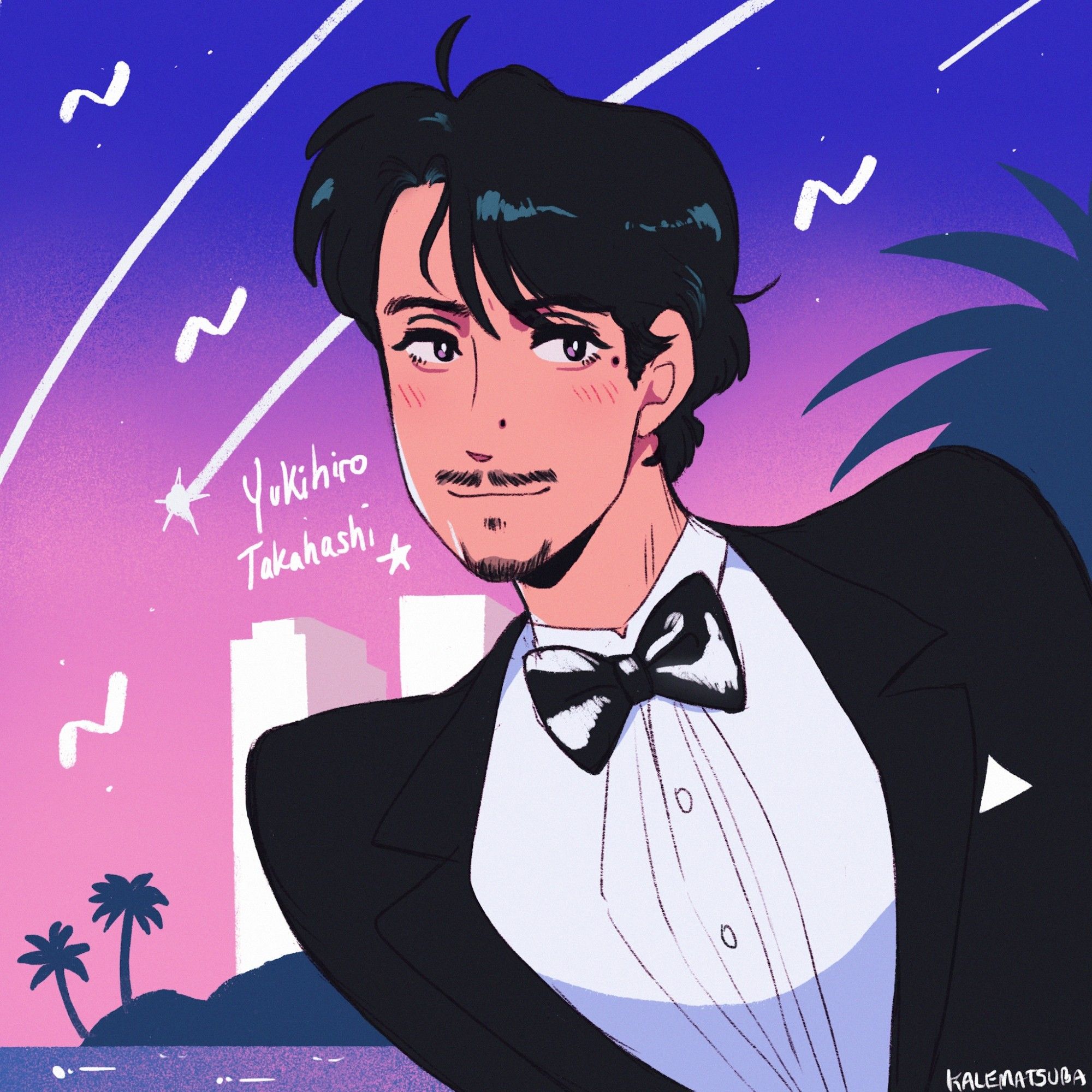 a bust portrait of a young Yukihiro Takahashi on a pastel tropical night sky city background.