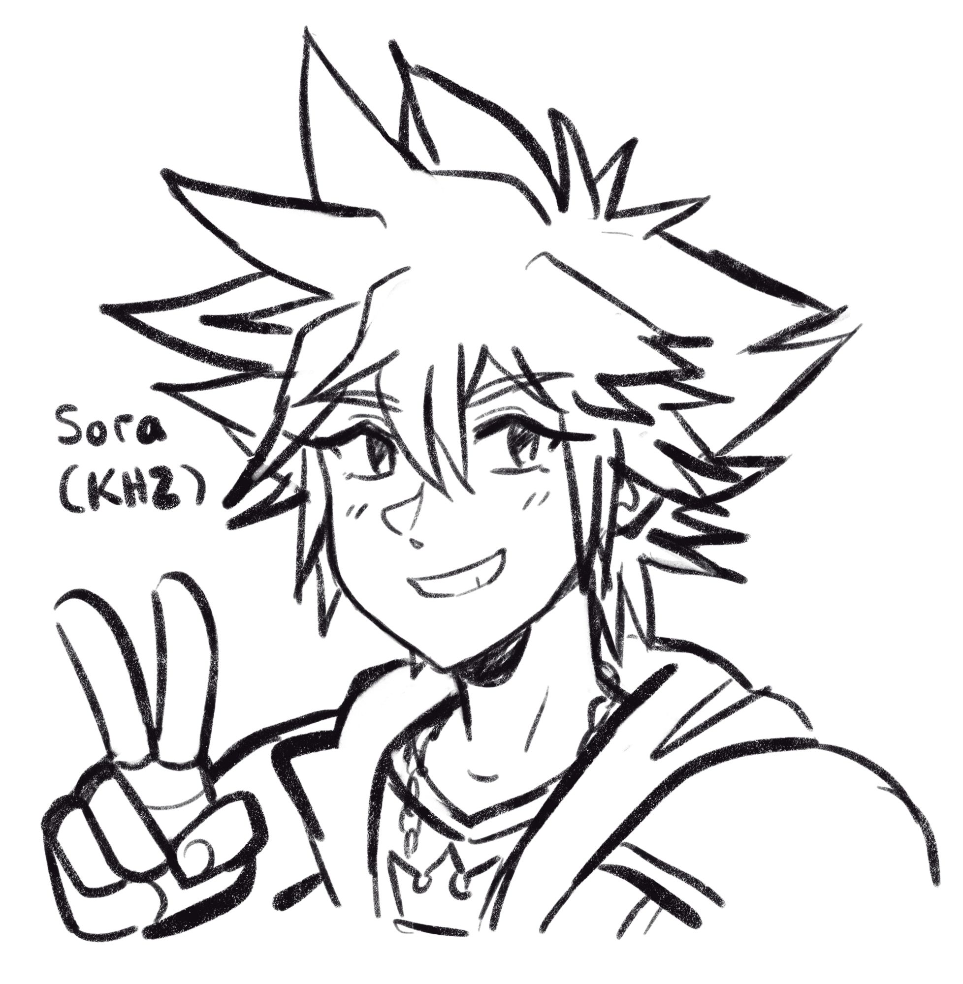 a sketch of Sora (Kingdom Hearts 2) making a V sign with his hand and smiling