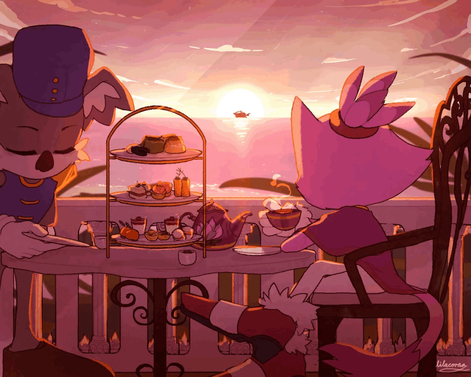 Digital illustration, GIF of a relaxing scenery, Blaze the Cat, afternoon tea by the seaside 
