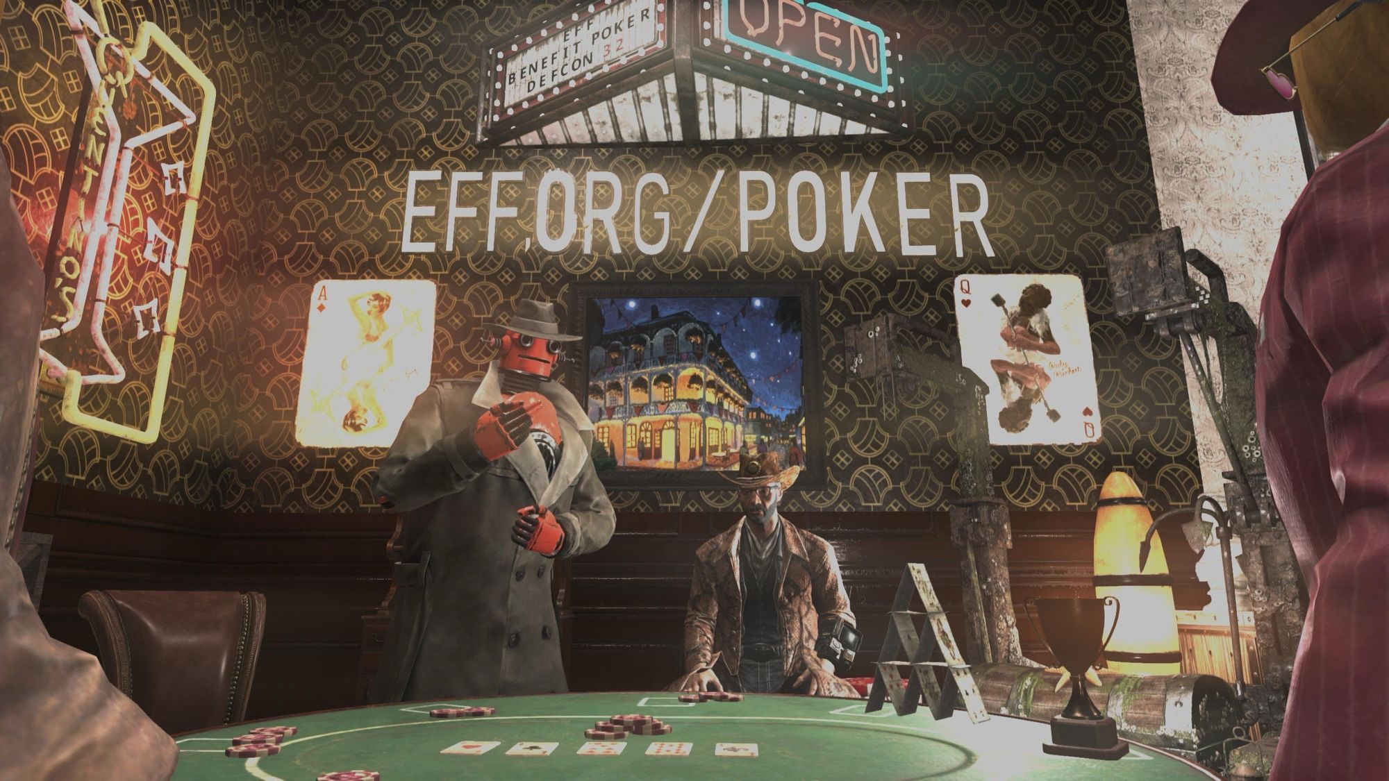 A 3d (but non-AI) computer image of people and robots playing poker, with a skull mug, treasure chest and trophy, promoting the event.