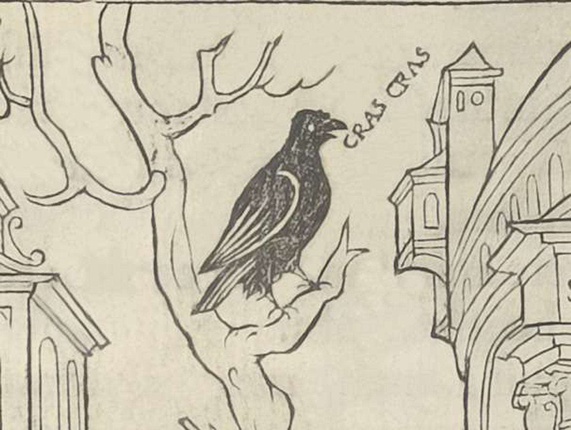 A black-and-white illustration (the background of which I cleaned up a bit for clarity) of a crow with the onomatopoeia "CRAS CRAS" at its beak