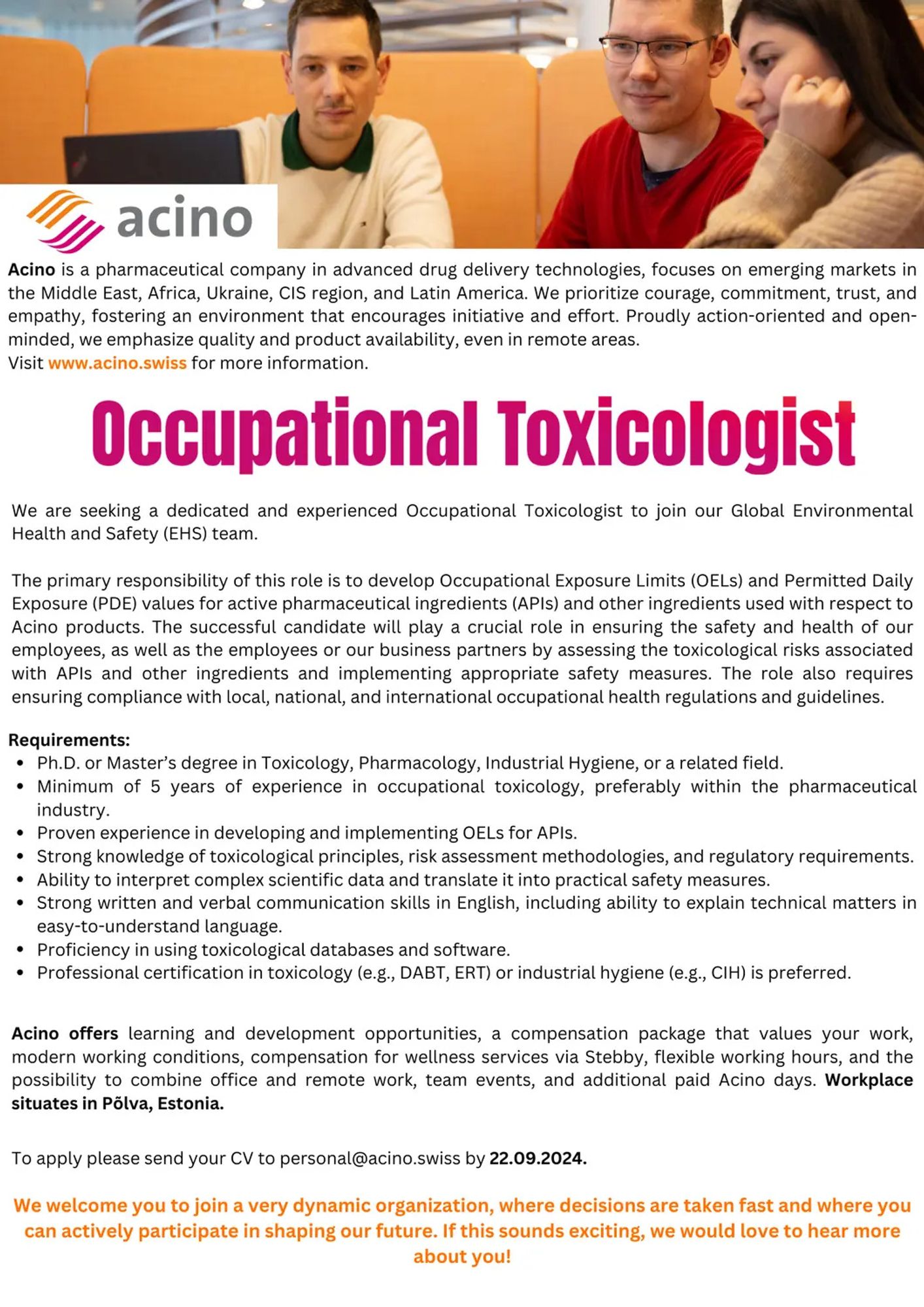 Job offer OCCUPATIONAL TOXICOLOGIST in Põlva Estonia Hybrid work Acino Swiss