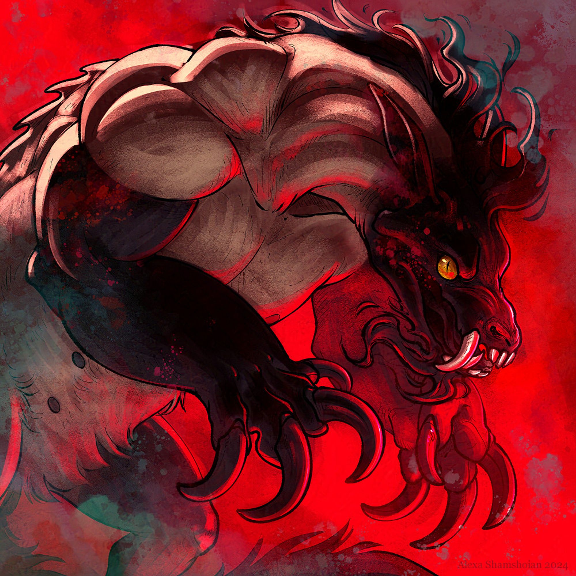 Angry demon anthro WITH CLAWS. Dramatic reds and blacks.