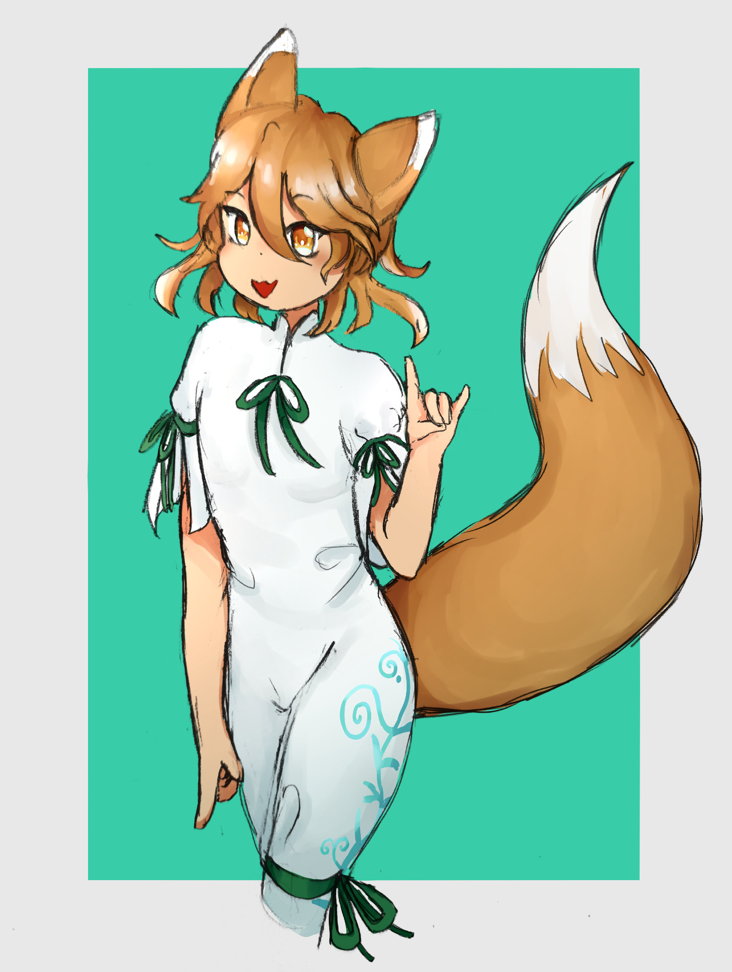 A drawing of Tsukasa Kudamaki, a slender kuda-gitsune fox girl with short blonde hair, fox ears, a fluffy fox tail, and with a white romper/jumpsuit. She's striking a pose with her fingers in a "kon" position (middle and ring to thumb, with index and pinky up.) She's set against a teal background.