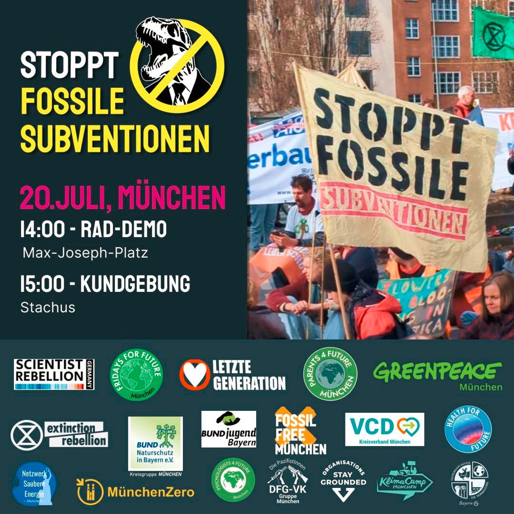 Stoppt Fossile Subventionen

20. Juli, München,

14:00 Rad-Demo Max-Joseph-Platz
15:00 Kundgebung Stachus

Logos aller unterstützenden Initiativen