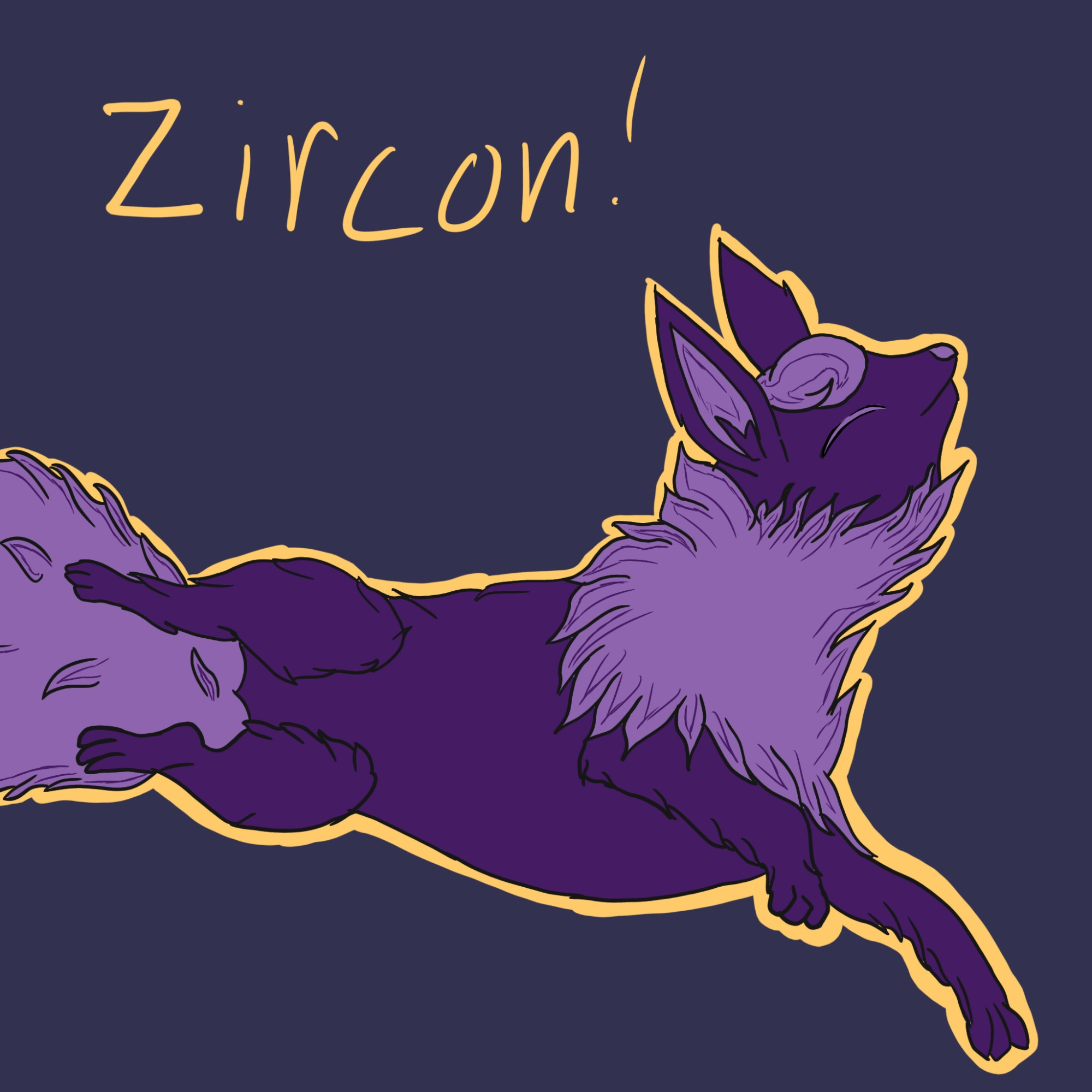 A sleeping Flareon; A fox pokemon who has been colored with a dark purple main body and light purple neck fur and tail, an orange outline and lettering spells the name 'Zircon!'