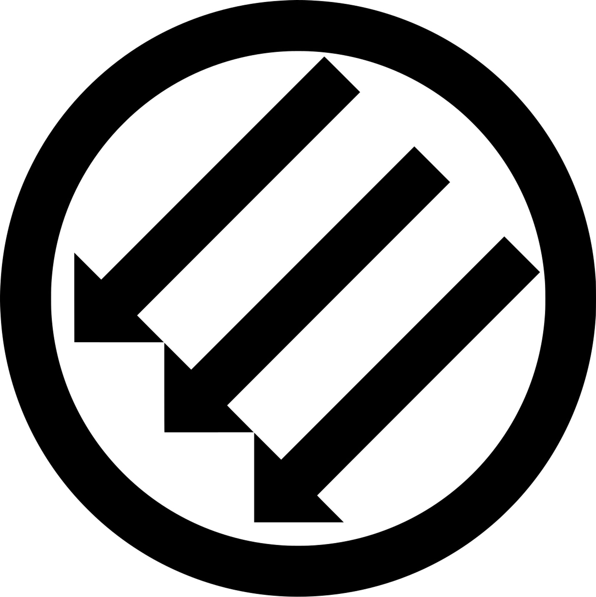 Anti-Fascist symbol for the Iron Front. Three black parallel arrows angled down and to the left inside a circle.