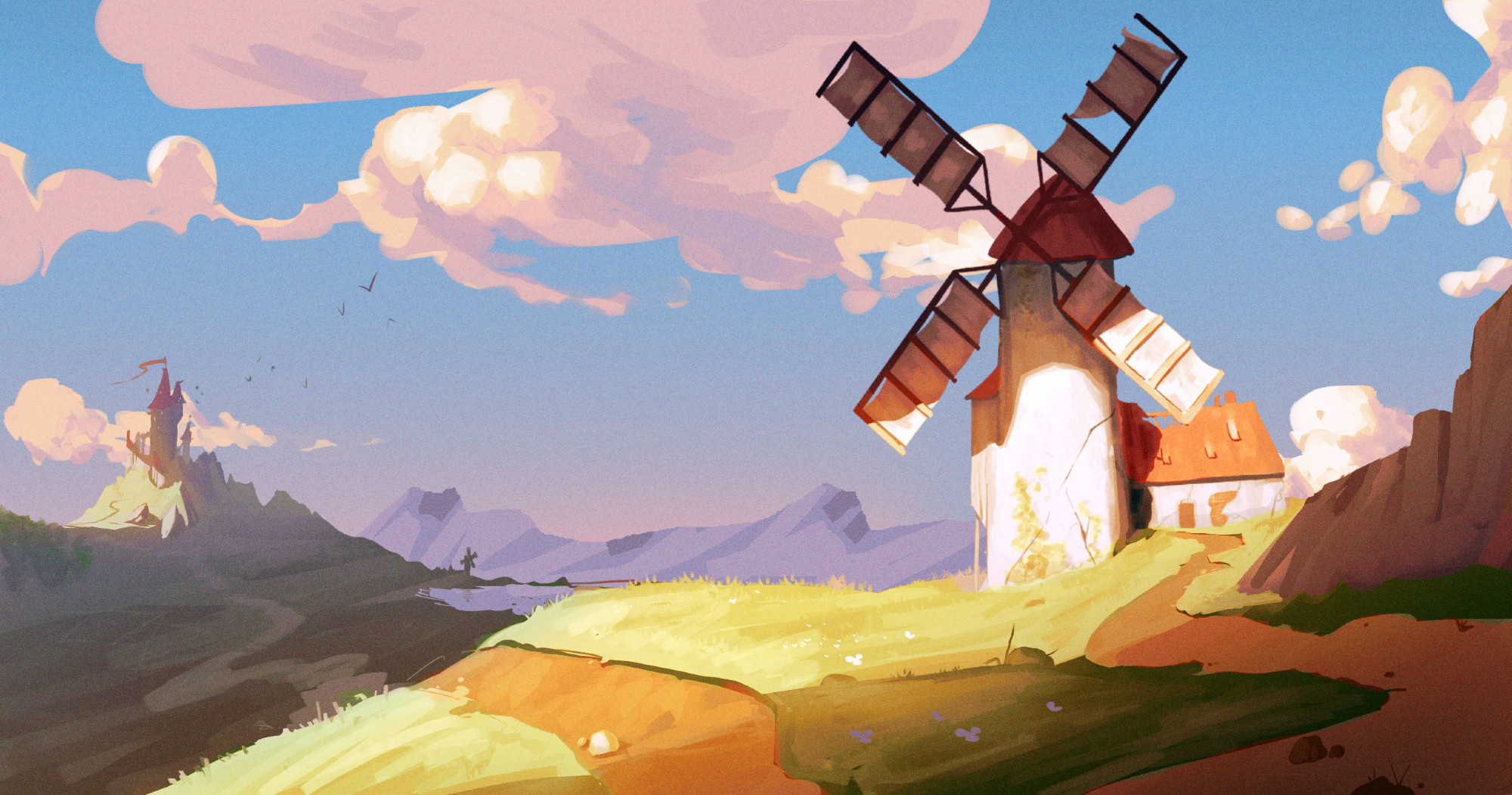 Drawing of a ruined windmill at the top of a hill during a sunset