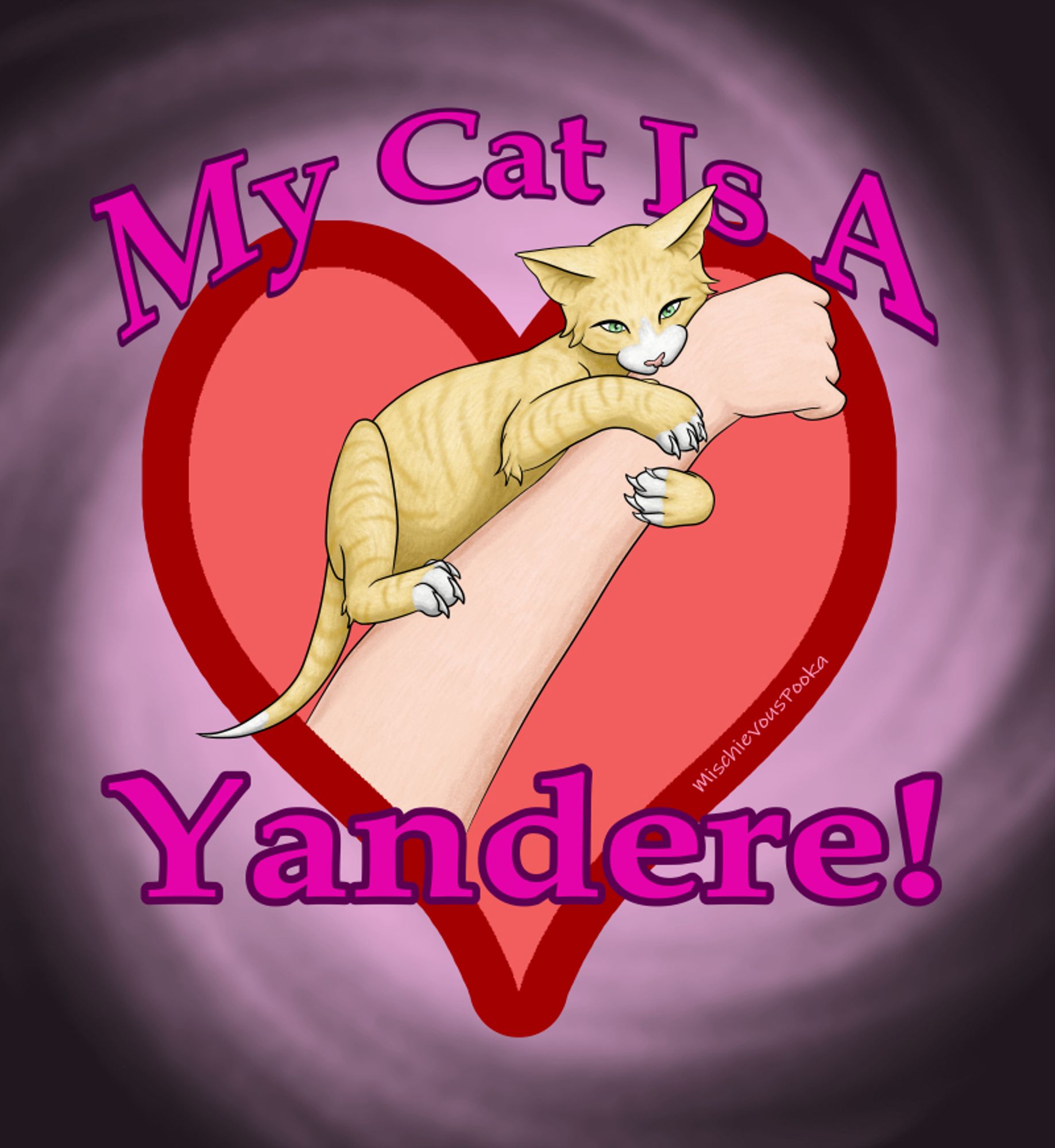 Artwork of a cute cat playing and biting a hand. My cat is a yandere!