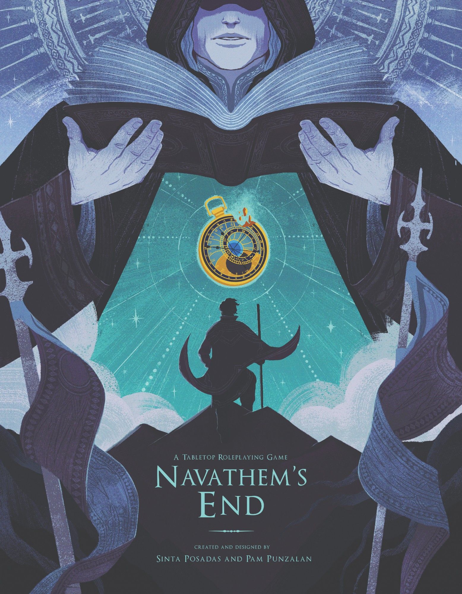 cover art for Navathem's End featuring @borgdaws' art! The cover features a mysterious figure in a hood, opening a book, the broken clock, and a figure on the mountain. it's beautiful, utilizing colors of purple, lavender, green and gold.