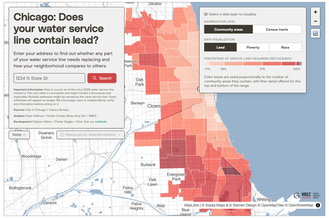 Screengrab of the interactive tool that says: Chicago: Does your water service line contain lead?