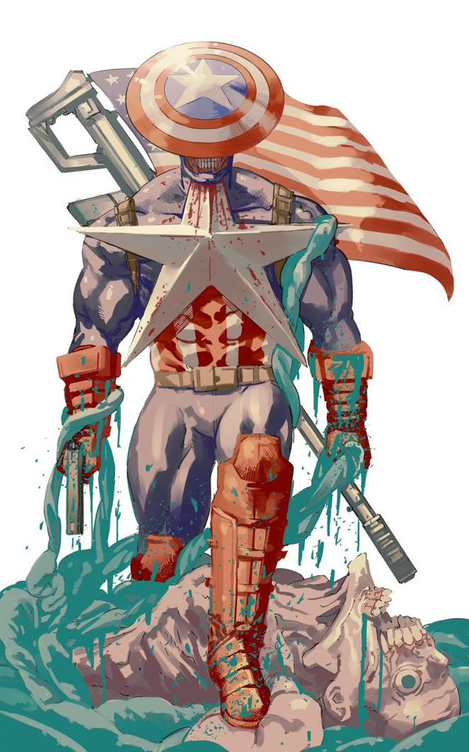 A grotesque demonic Captain Anerica, a giant star has impaled it's neck.