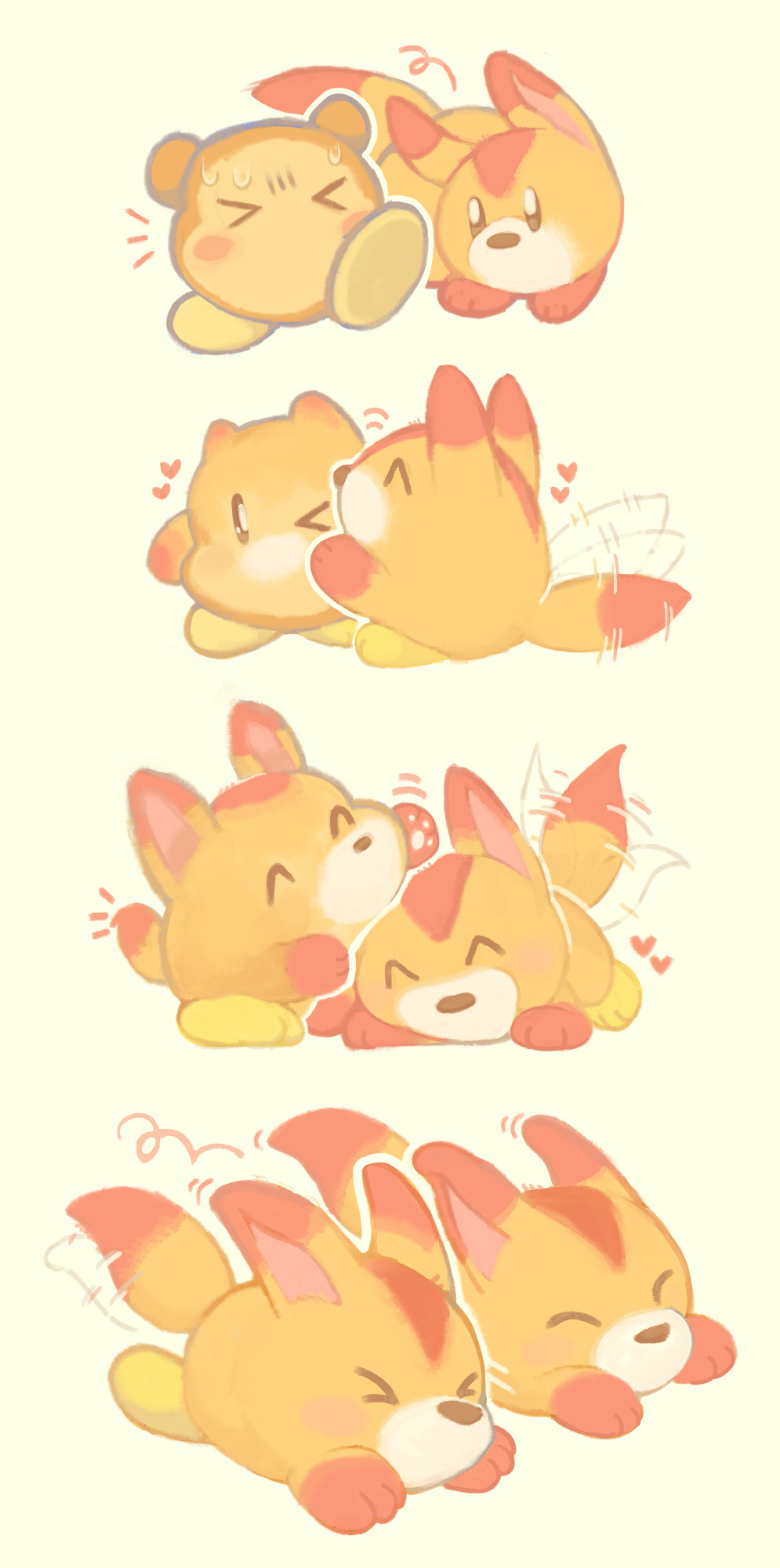 A four-panel transformation sequence of a Waddle Dee turning into a Awoofy. A lone Awoofy encounters a scared Waddle Dee and shows affection to them which calms the Waddle Dee and causes them to grow more fox-like features. The Waddle Dee, nearly fully transformed, pets the Awoofy. Now fully transformed, both then run away happily.