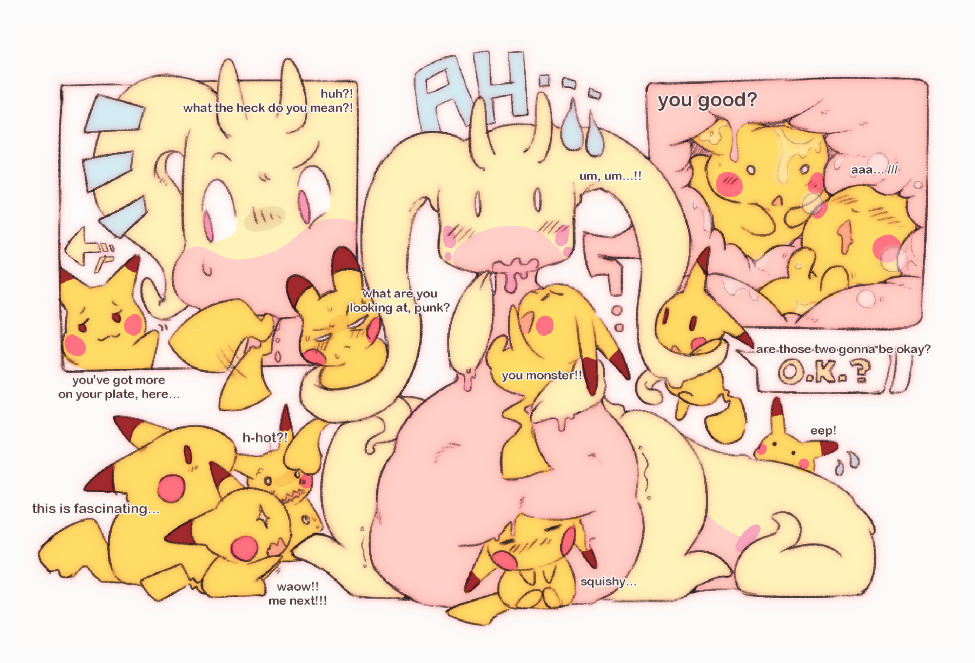 A shiny Goodra surrounded by several Pikachu and one Mimikyu. All of the characters are in various states of frustration, curiosity, shock, joy, and bliss. The Goodra appears bashful. A panel on the right shows an internal view from the Goodra's stomach, where one Pikachu is checking on the mental state of the other.

Various blurbs of text surround the characters, such as one Pikachu inquiring if two of the consumed ones are okay and another Pikachu glaring at the viewer and saying "What are you looking at, punk?".