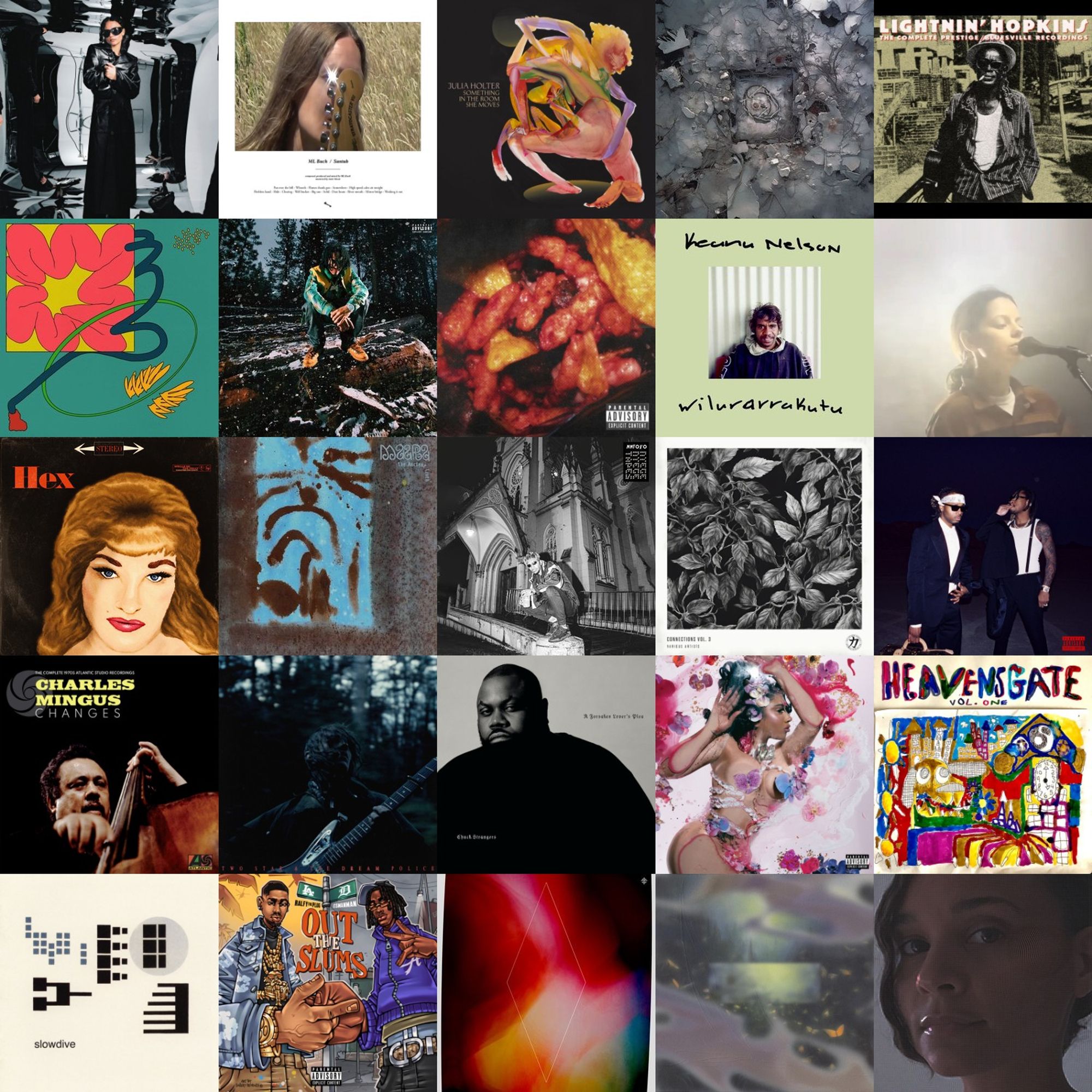 left to right, top to bottom
Erika de Casier - Still 
ML Buch - Suntub
Julia Holter - Something in the Room She Moves 
Priori - This But More
Lightnin' Hopkins - The Complete Prestige / Bluesville Recordings
VA - Club Moss
Tony Shhnow - Out the Woods
Chief Keef - Dirty Nachos
Keanu Nelson - Wilurarrakutu
Tirzah - trip9love...???
DJ Sabrina The Teenage DJ - Hex
Maara - The Ancient Truth
Dj Anderson do Paraiso - Queridão
VA - Connections Vol. 3
Future - WE DON'T TRUST YOU
Charles Mingus - Changes: The Complete 1970s Atlantic Studio Recordings
Mk.gee - Two Star & The Dream Police
Chuck Strangers - A Forsaken Lover's Plea
Kali Uchis - Orquídeas
EVILGIANE - #HEAVENSGATE VOL. 1
Slowdive - Pygmalion
Ralfy The Plug - Out The Slums
Illuvia - Chandra's Dream
mu tate - they're with you always
erika de casier - sensational