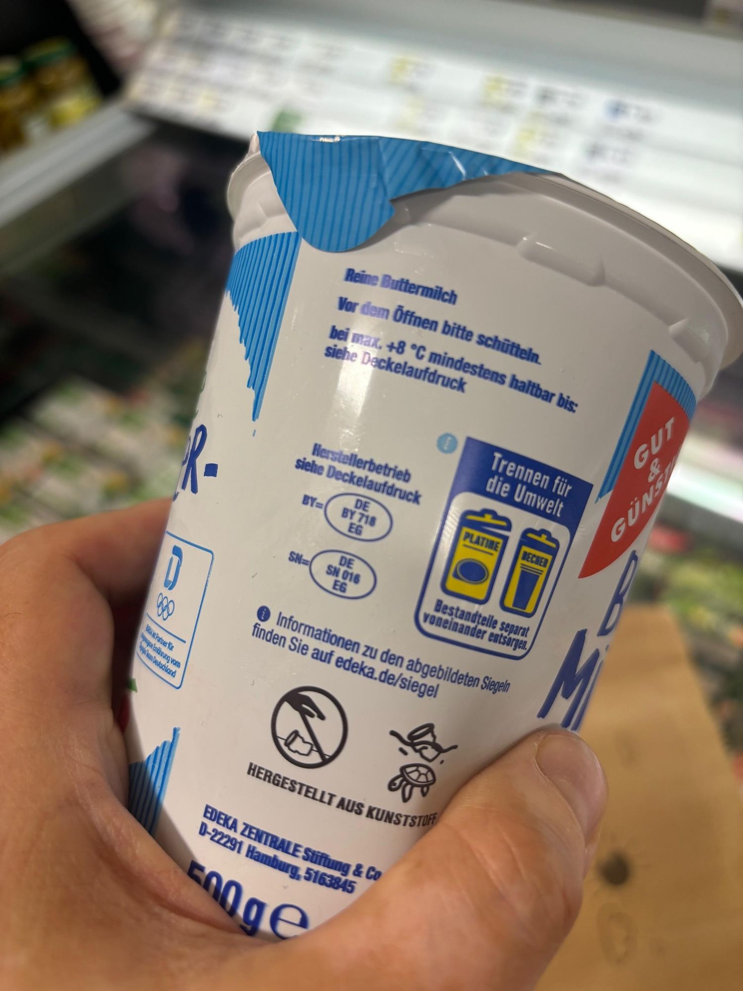 Beispielfoto für von Müller Milch produzierten Eigenmarken-Yoghurt (Edeka)